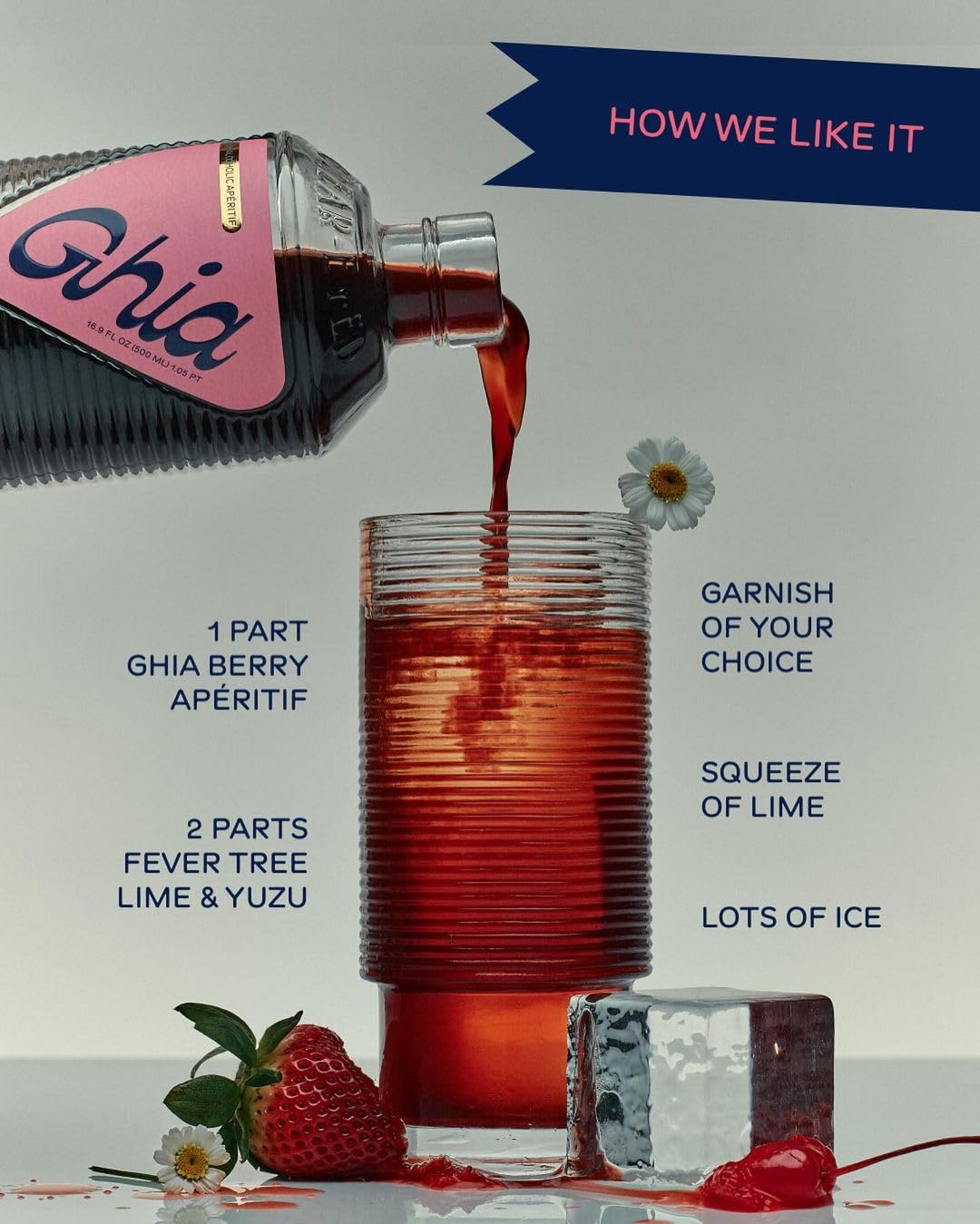 Close-up of Ghia Berry Aperitif label showing real strawberry and black currant notes.
