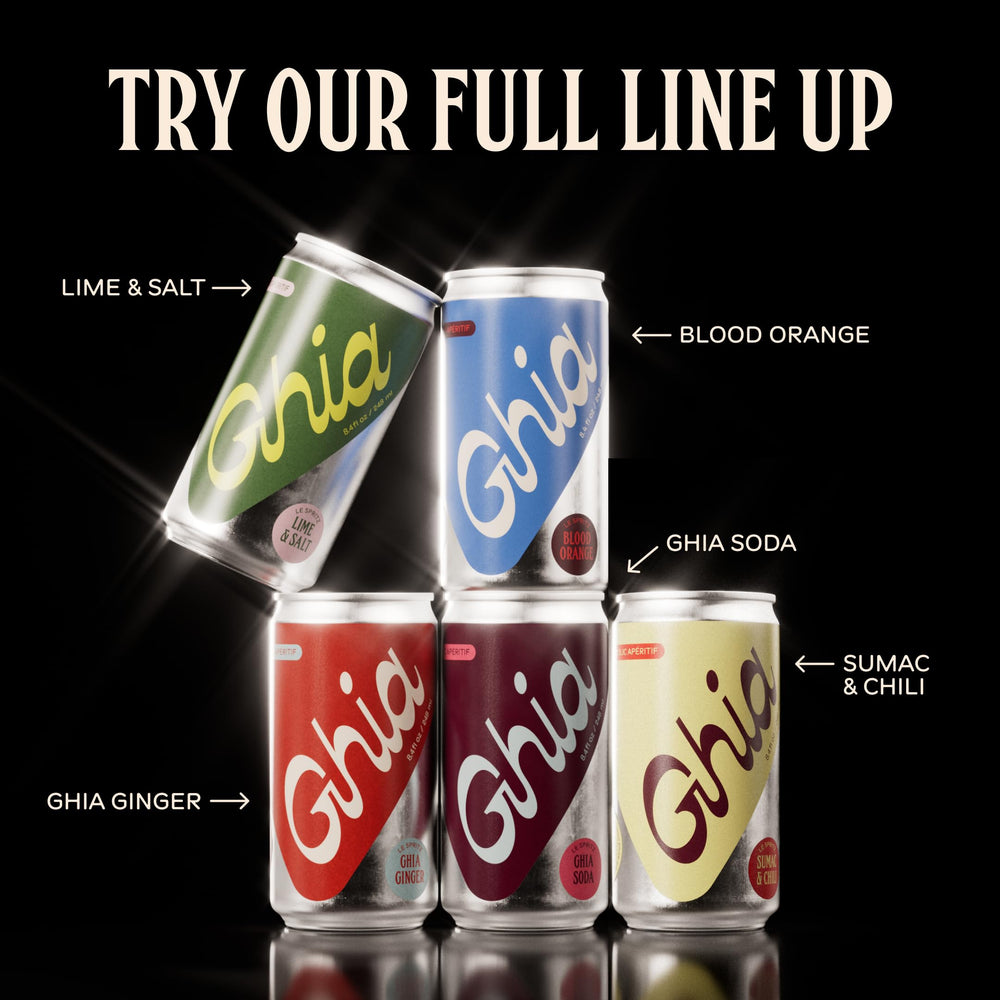 Ghia Le Spritz variety-pack display, convenient zero-proof option for gatherings.