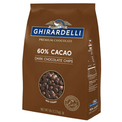 Ghirardelli 60 percent cacao dark chocolate chips in a 5 lb bag front view, ideal for premium baking