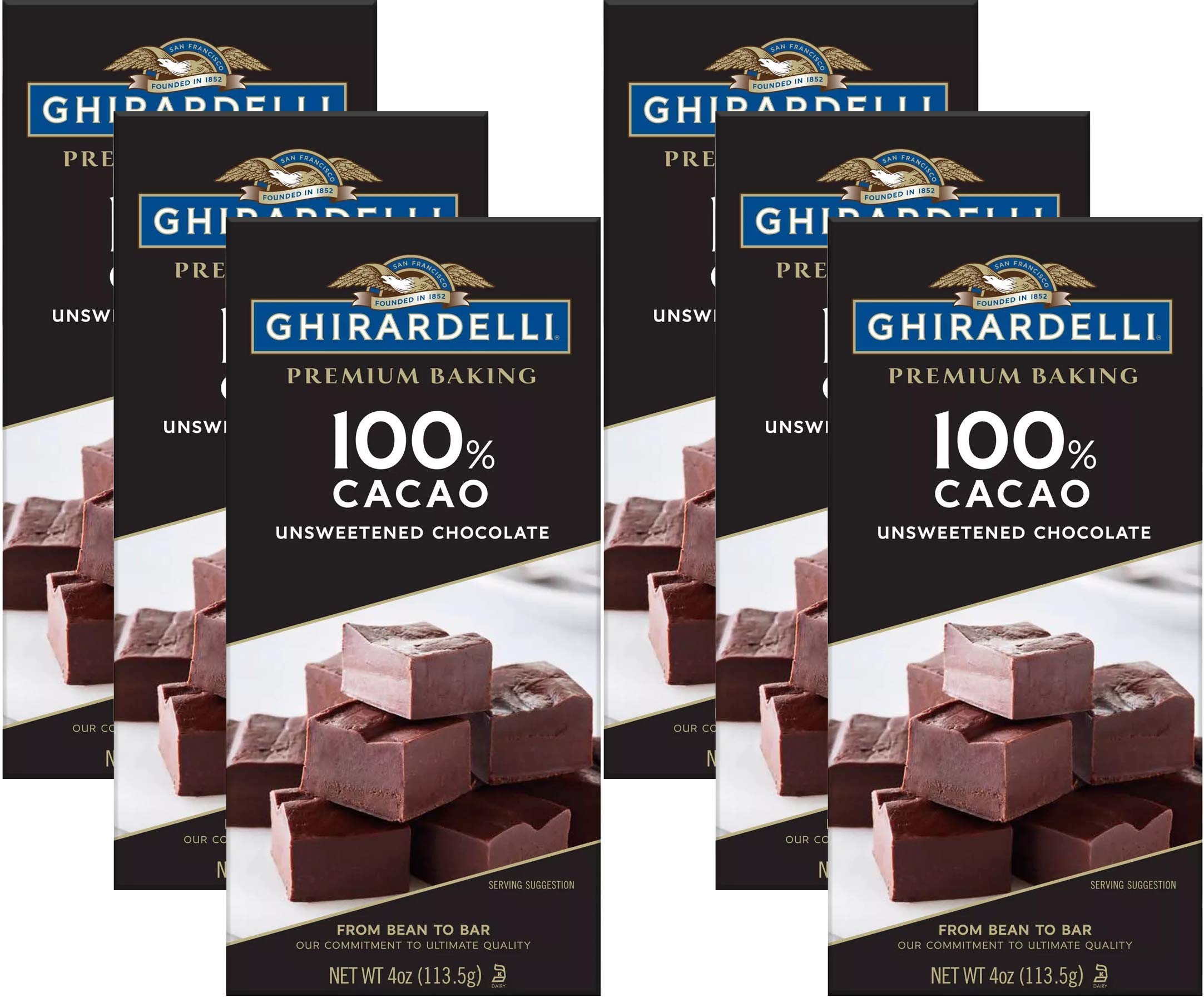 Ghirardelli baking bar 100% cacao unsweetened, 4-ounce pack of six, front view for premium baking