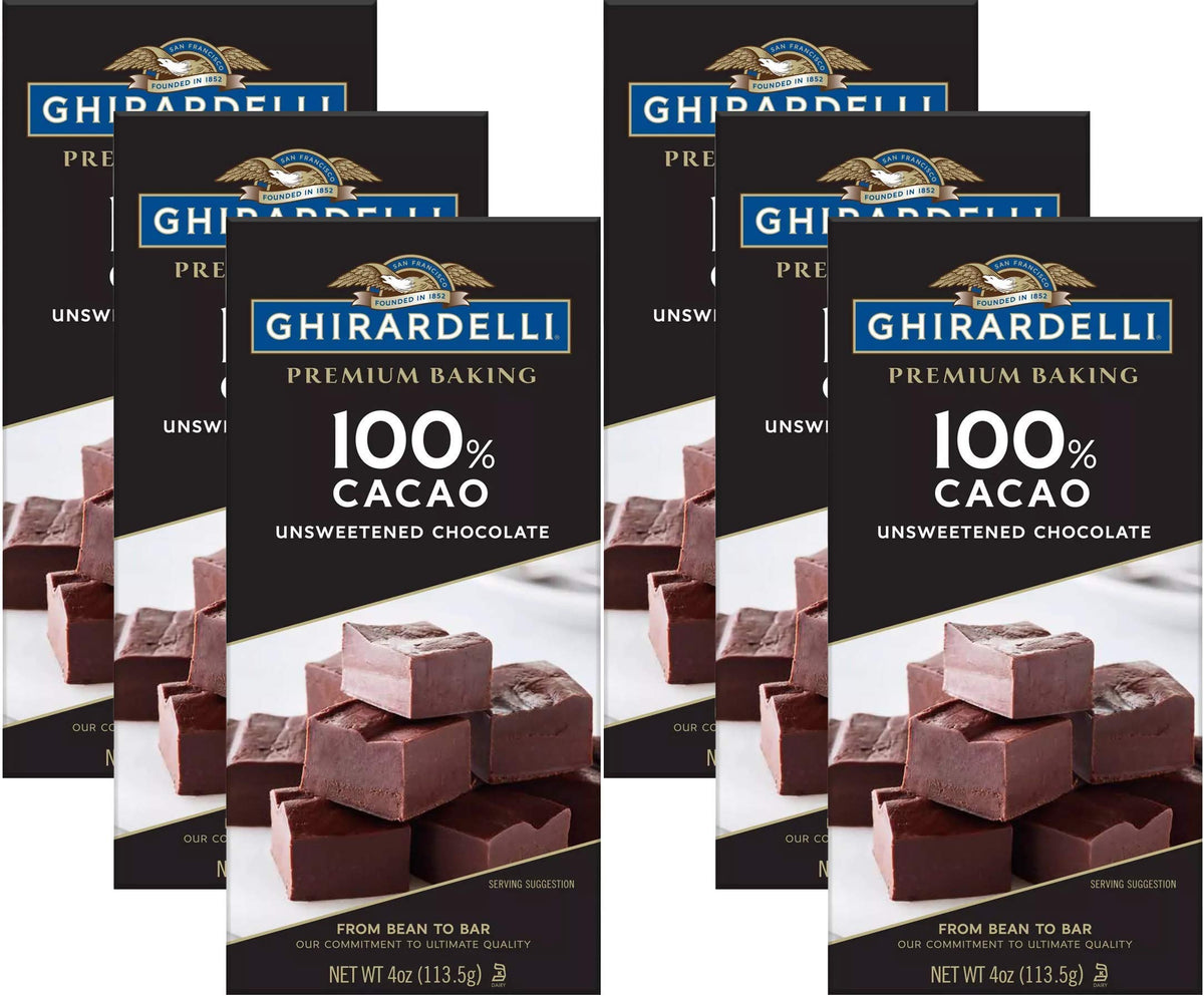 Ghirardelli baking bar 100% cacao unsweetened, 4-ounce pack of six, front view for premium baking