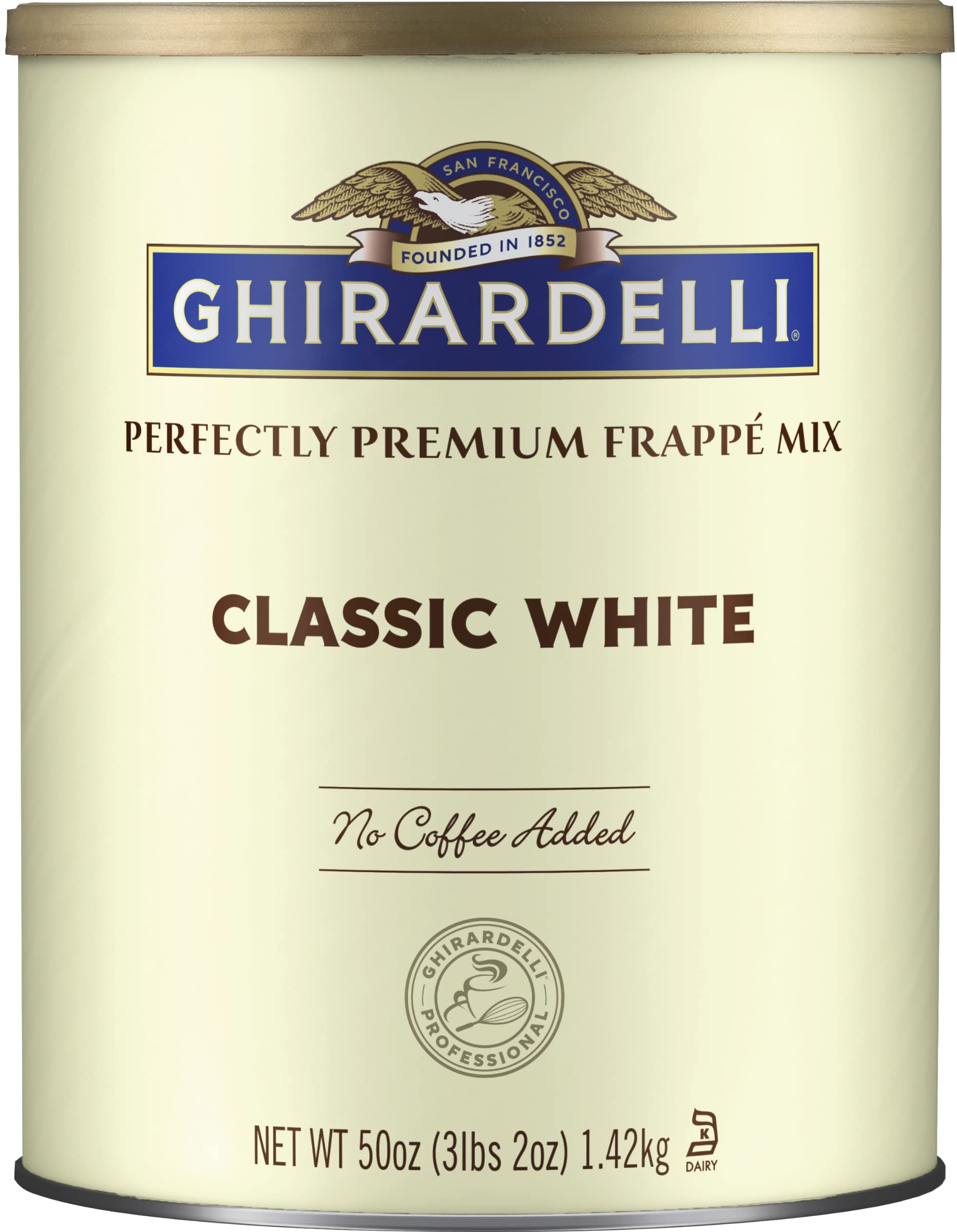 Ghirardelli Classic White beverage mix can for creamy frappes at home
