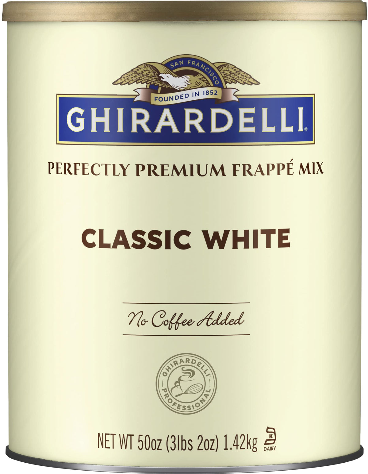 Ghirardelli Classic White beverage mix can for creamy frappes at home