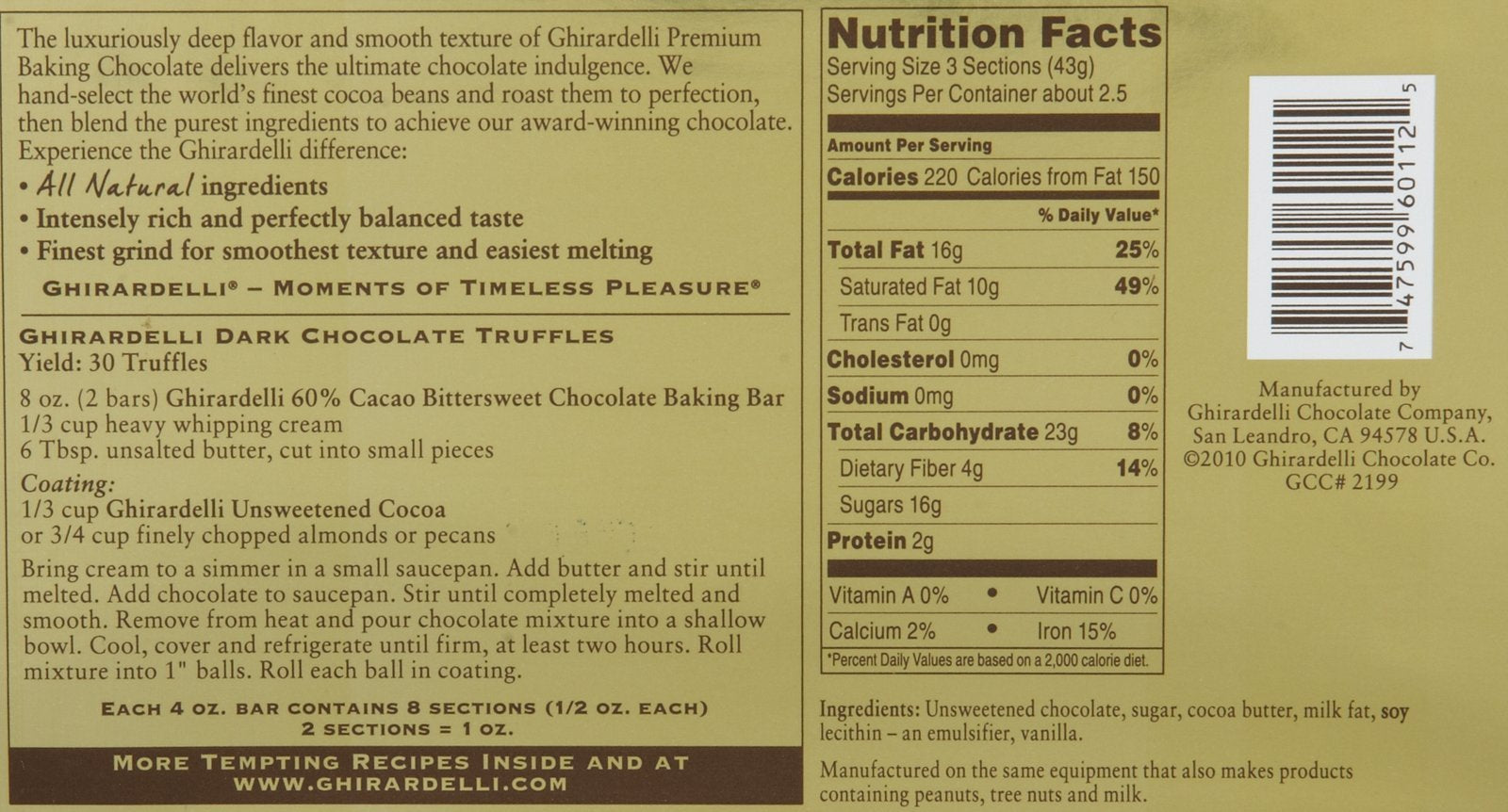 Ghirardelli 60% cacao baking bar, bars-on-surface, great for premium confections and fudgy brownies.