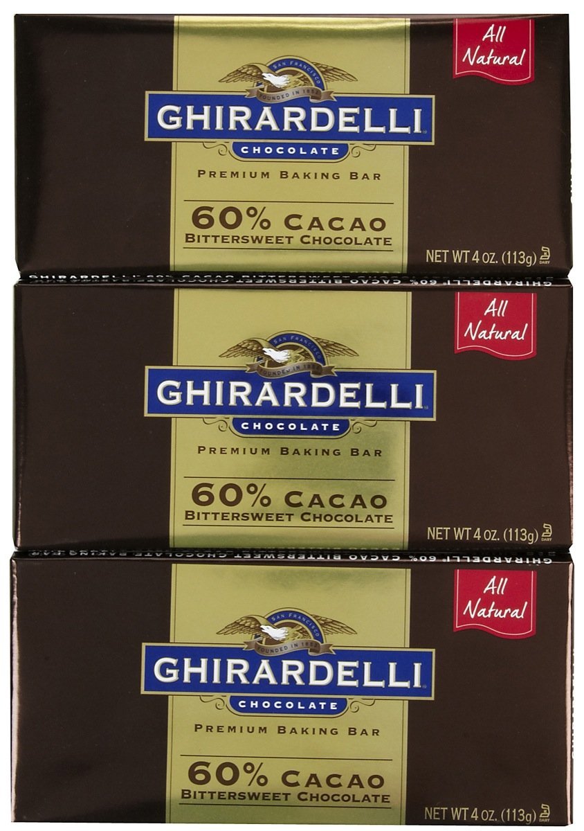 Ghirardelli 60% cacao baking bar, wrapped bar, ideal for rich, balanced desserts.