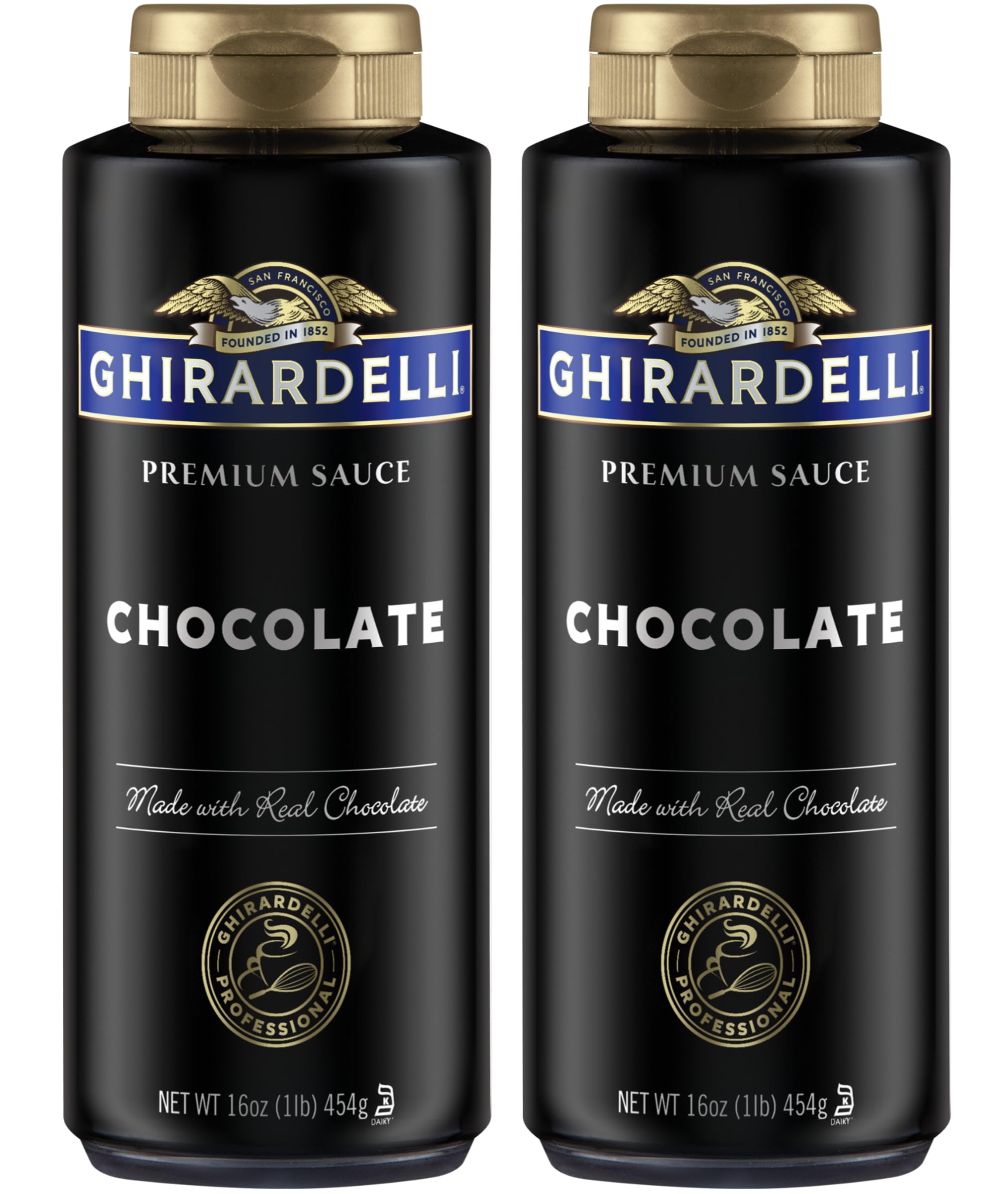 Ghirardelli Black Label 16oz squeeze bottle closeup, premium drizzle for desserts.