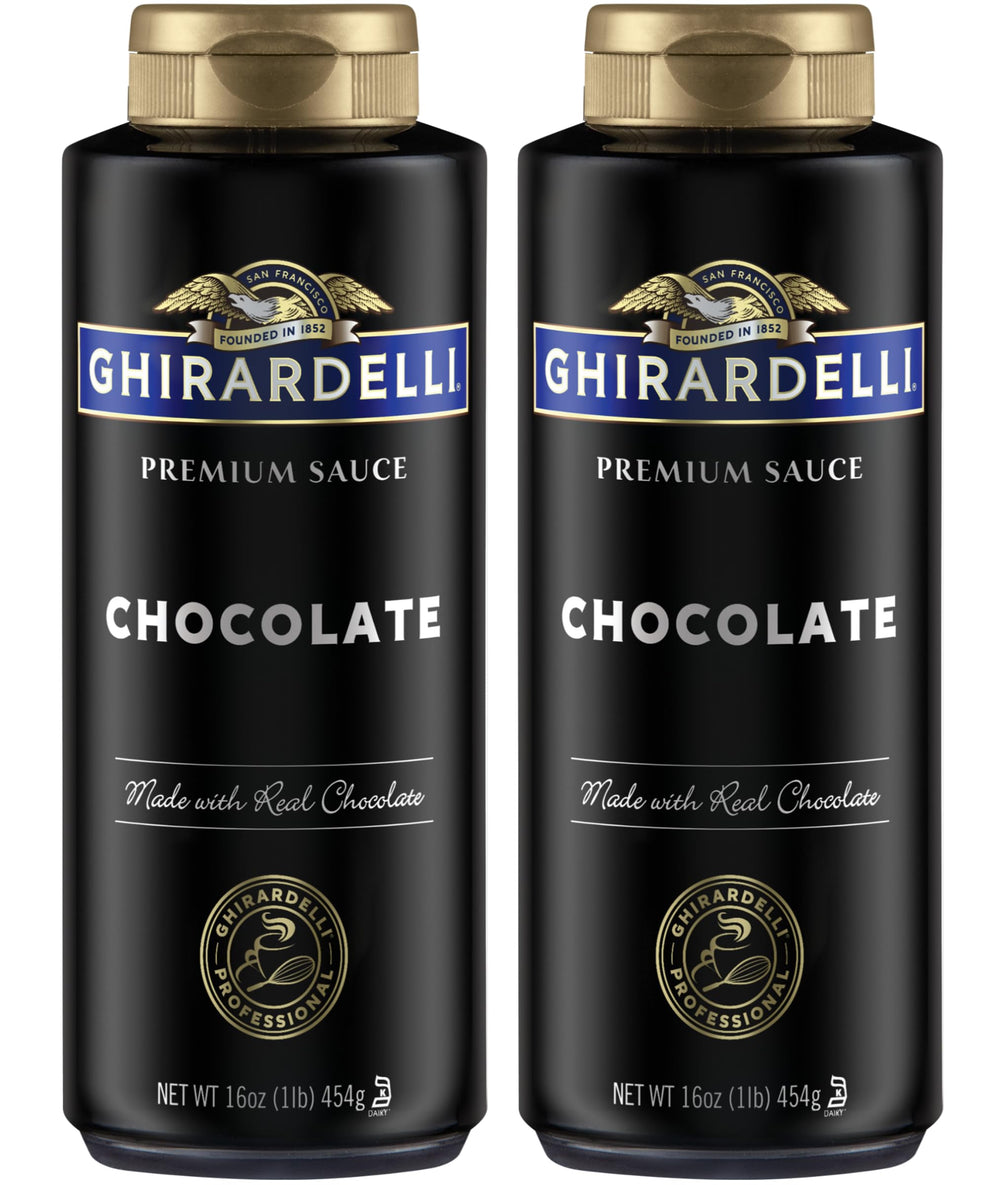 Ghirardelli Black Label 16oz squeeze bottle closeup, premium drizzle for desserts.