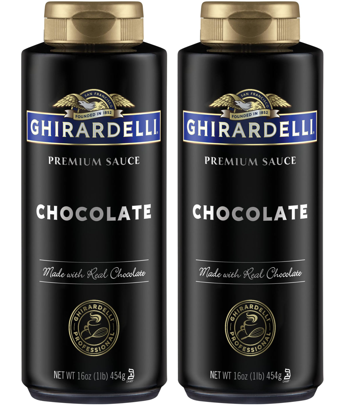 Ghirardelli Black Label 16oz squeeze bottle closeup, premium drizzle for desserts.