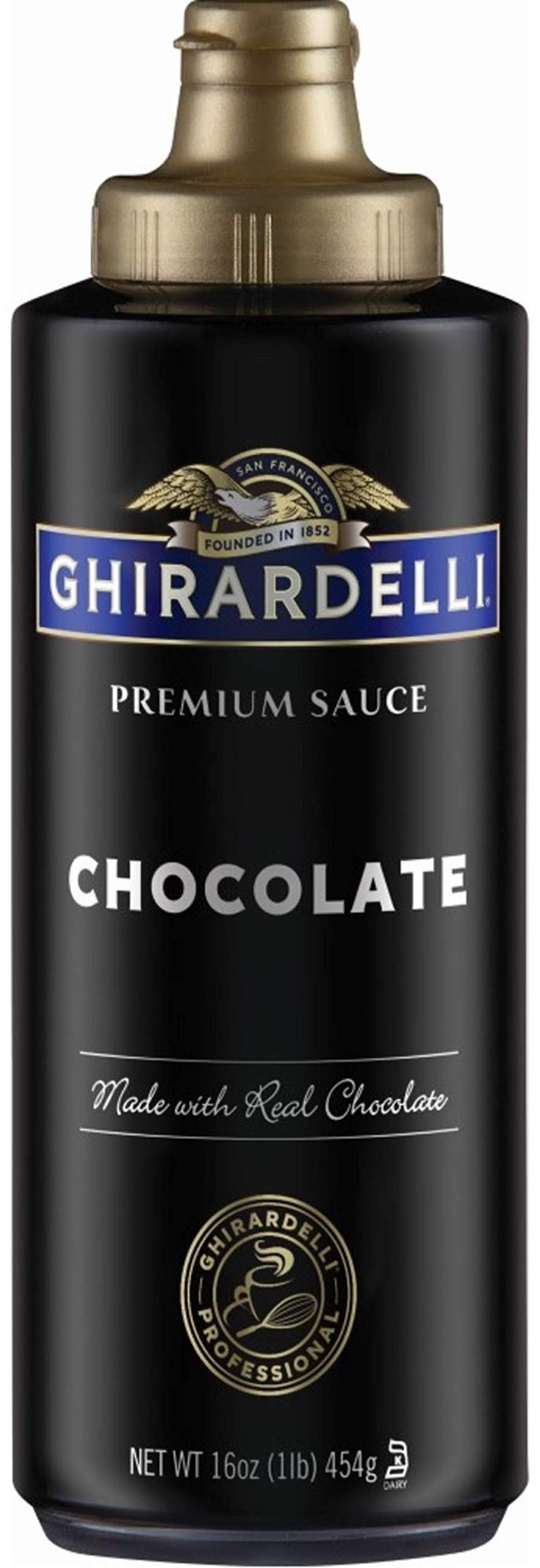 Ghirardelli Black Label chocolate sauce bottle pouring for rich dessert flavor.