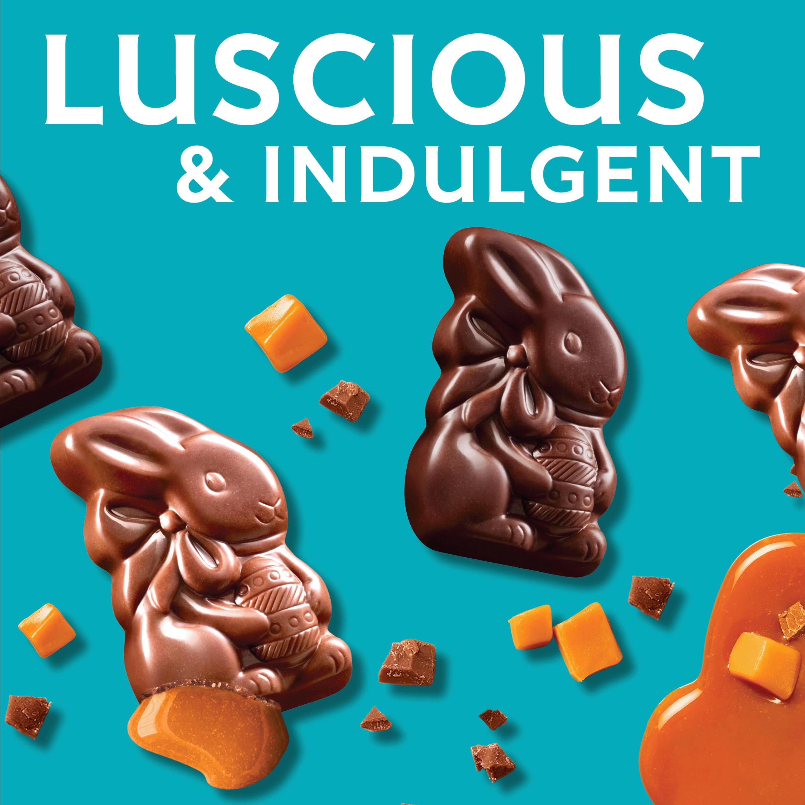 Milk chocolate sea salt caramel bunny on a spring table with colorful wrappers.