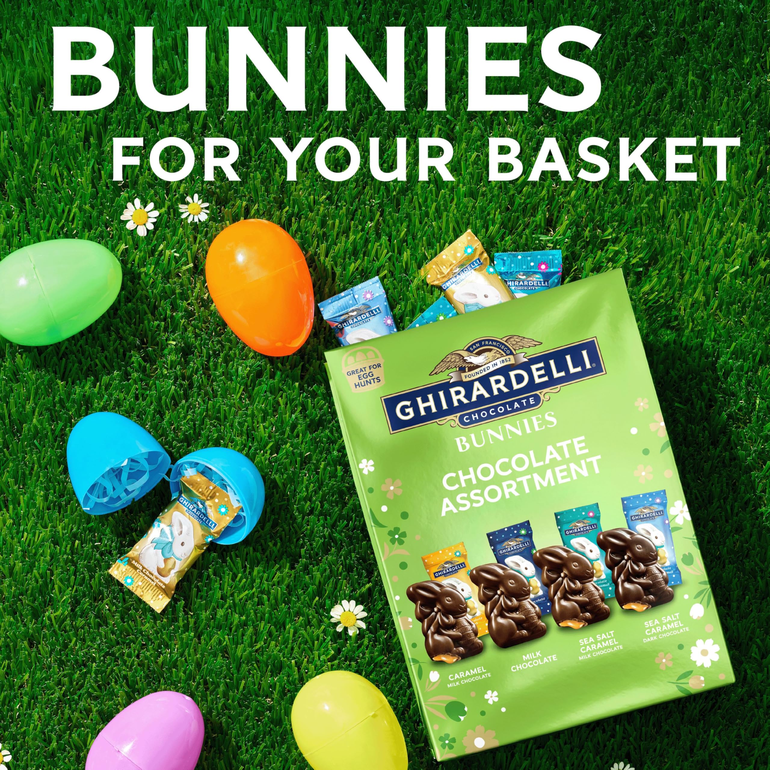 Milk chocolate bunny with caramel close-up emphasizing premium ingredients.