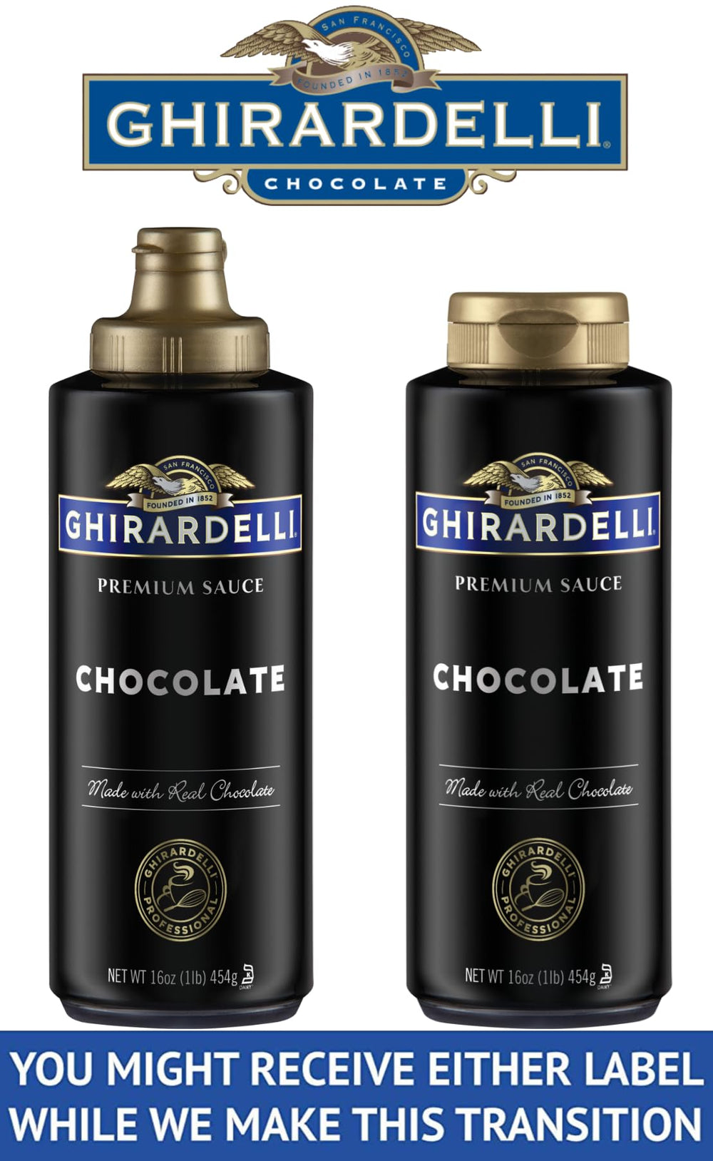 Ghirardelli Caramel Sauce bottle pour adds silky caramel drizzle to desserts.