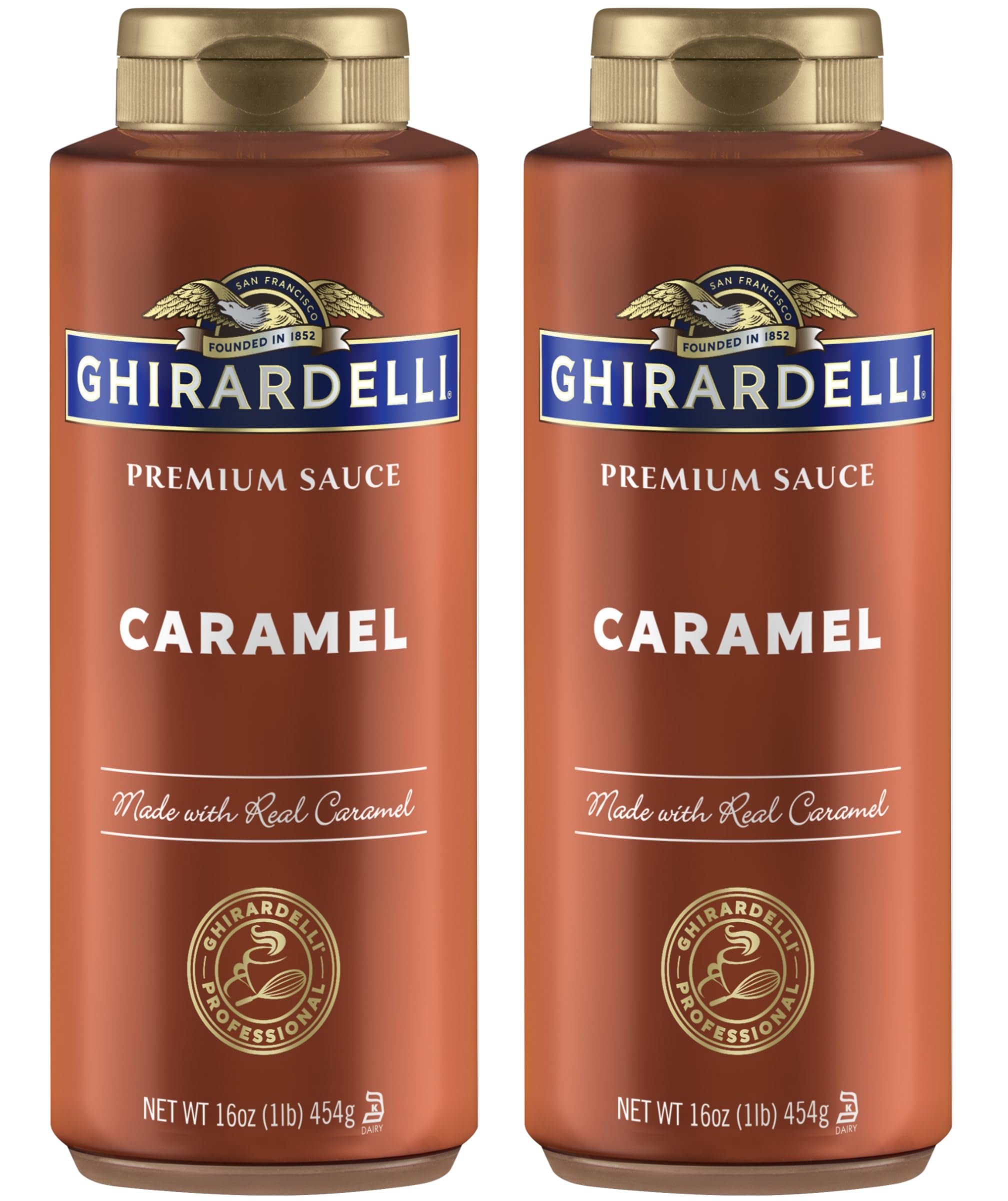 Ghirardelli Caramel Sauce bottle pour highlights rich flavor for espresso and desserts