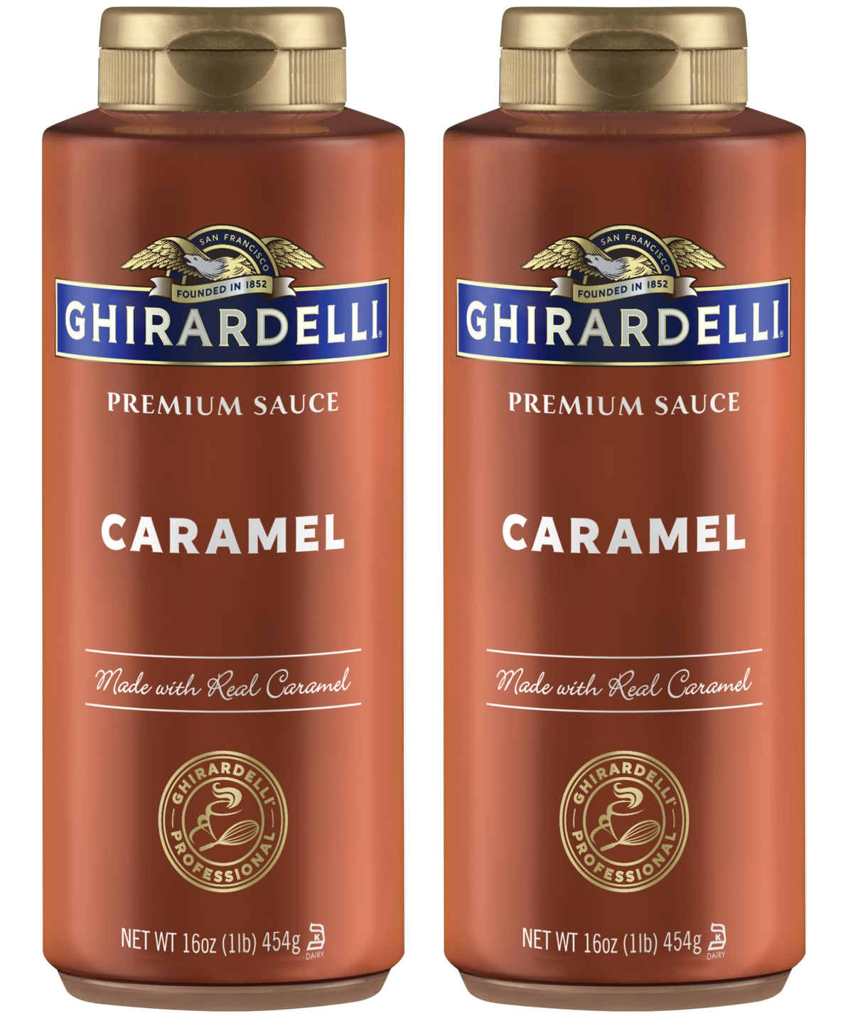 Ghirardelli Caramel Sauce bottle pour highlights rich flavor for espresso and desserts