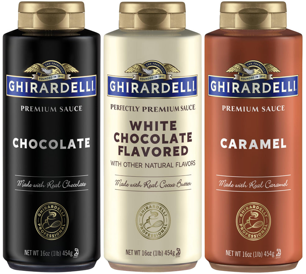 Ghirardelli caramel sauce bottle pour for rich espresso drinks.