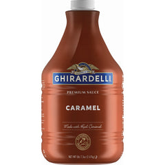 Ghirardelli caramel sauce pump bottle pour, silky texture for beverages.