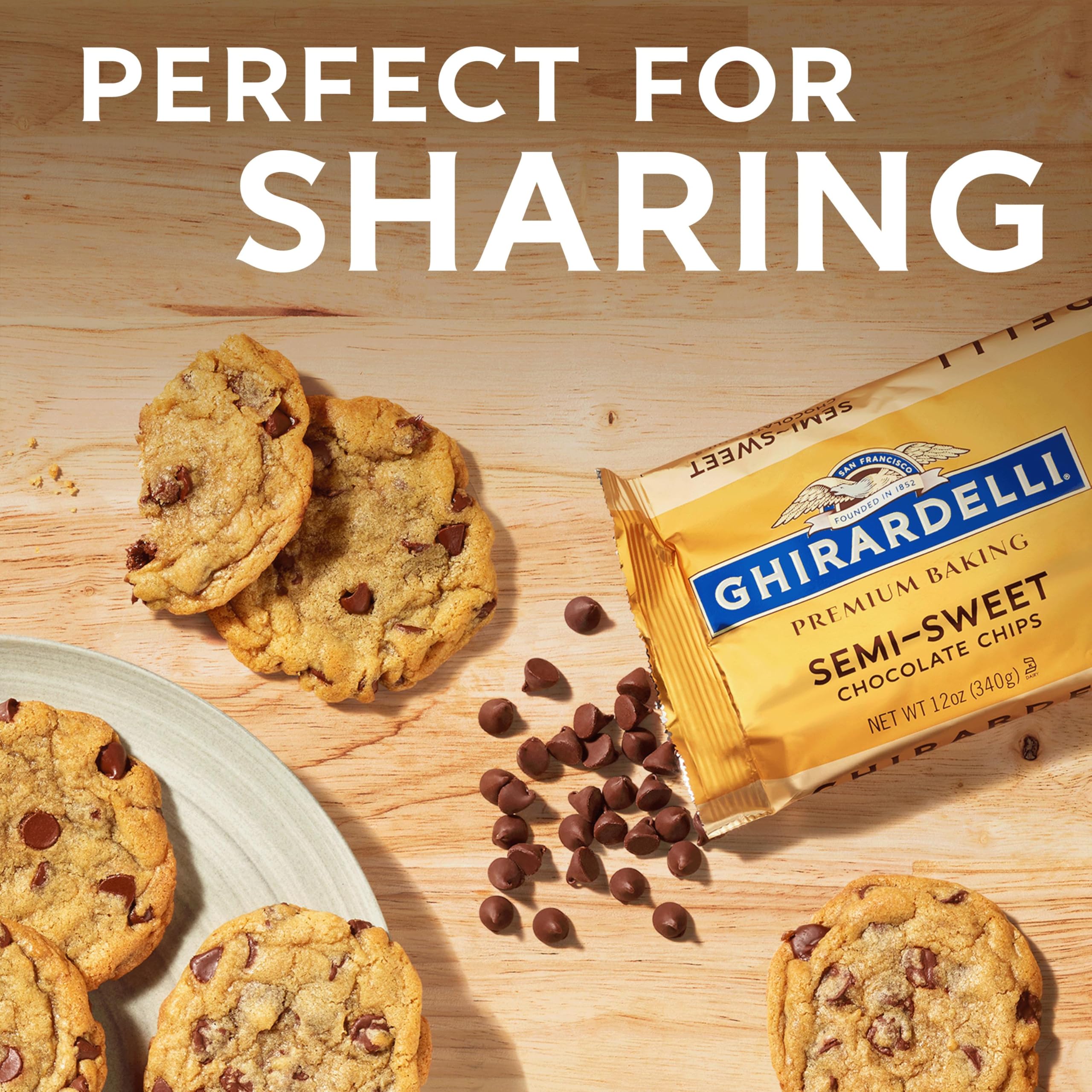 Ghirardelli chips near a plate with baked goods.