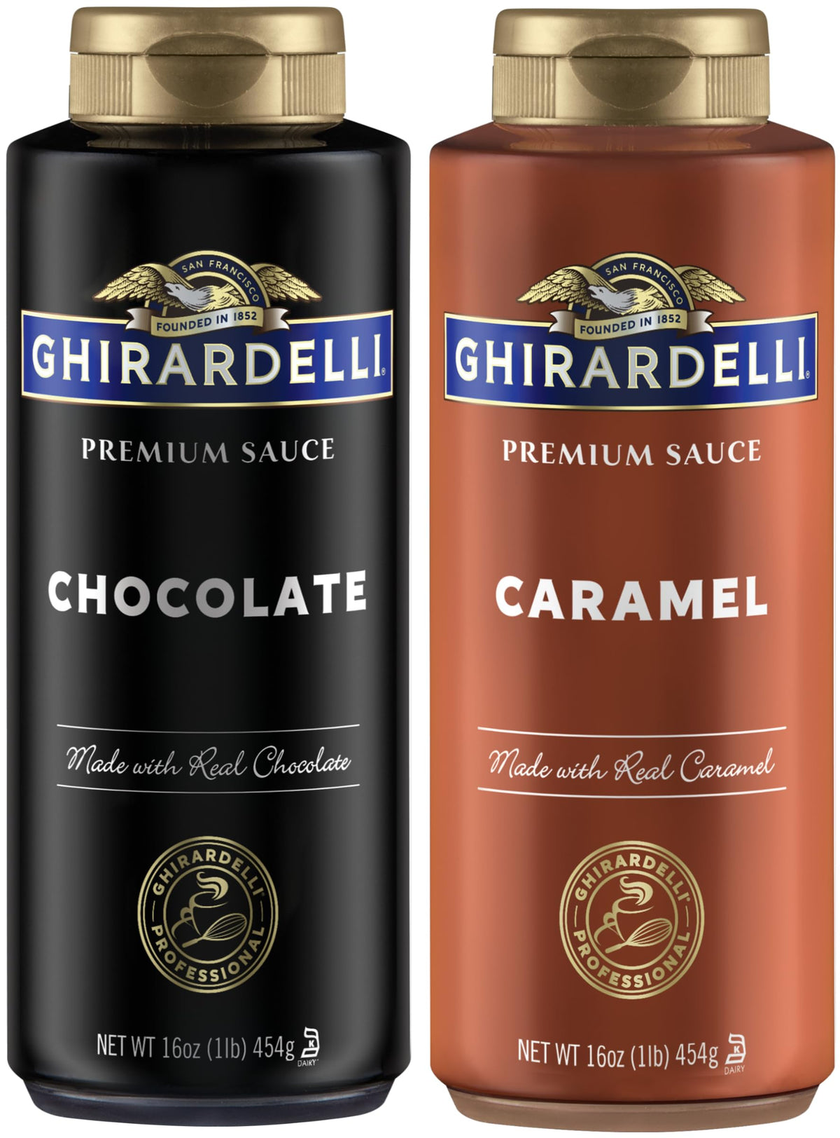 Ghirardelli Chocolate Sauce bottle pour highlights rich chocolate topping for drinks.