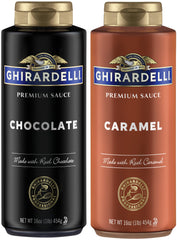 Ghirardelli Chocolate Sauce bottle pour highlights rich chocolate topping for drinks.