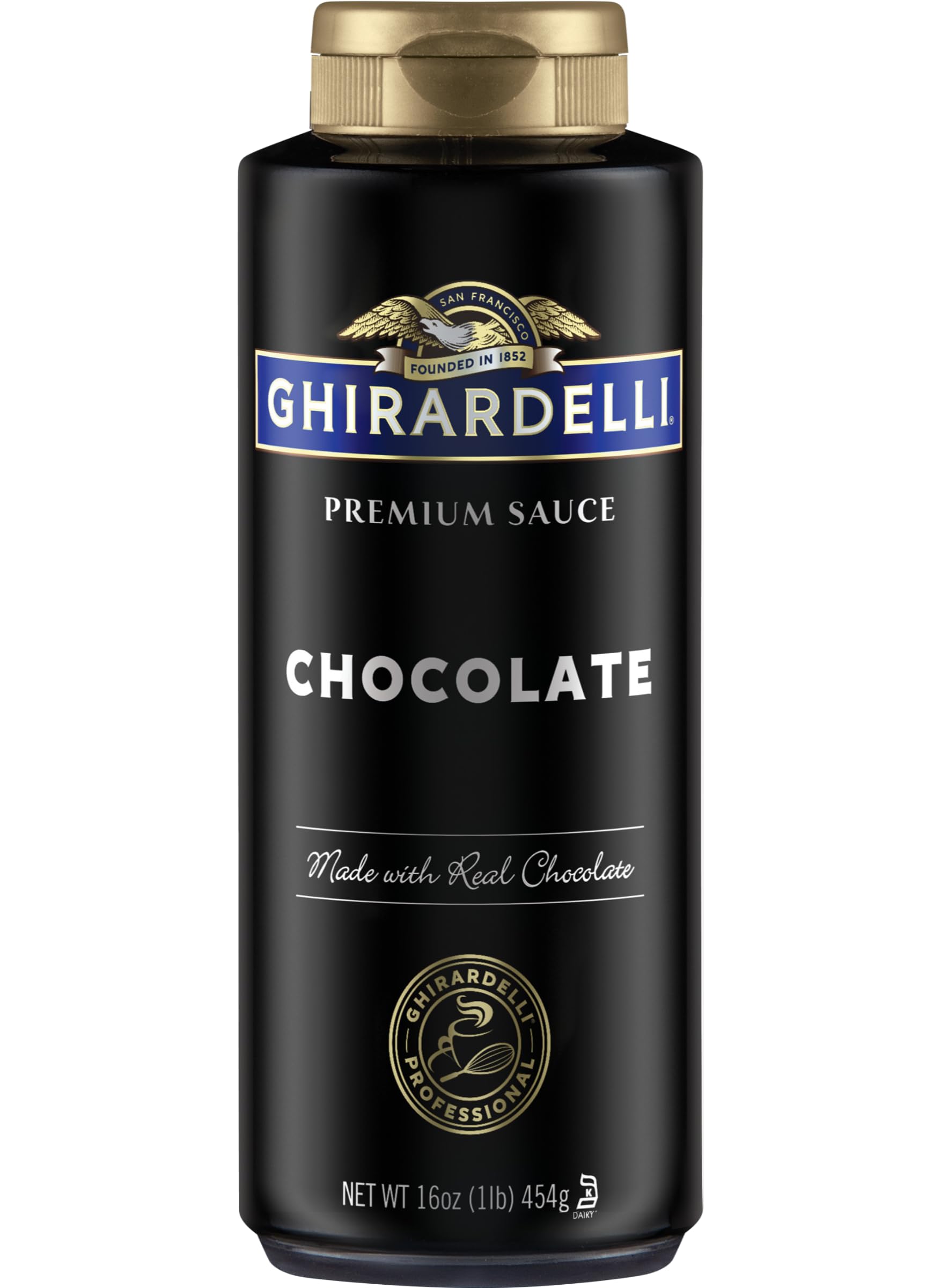 Ghirardelli chocolate sauce bottle pouring into coffee for rich flavor.