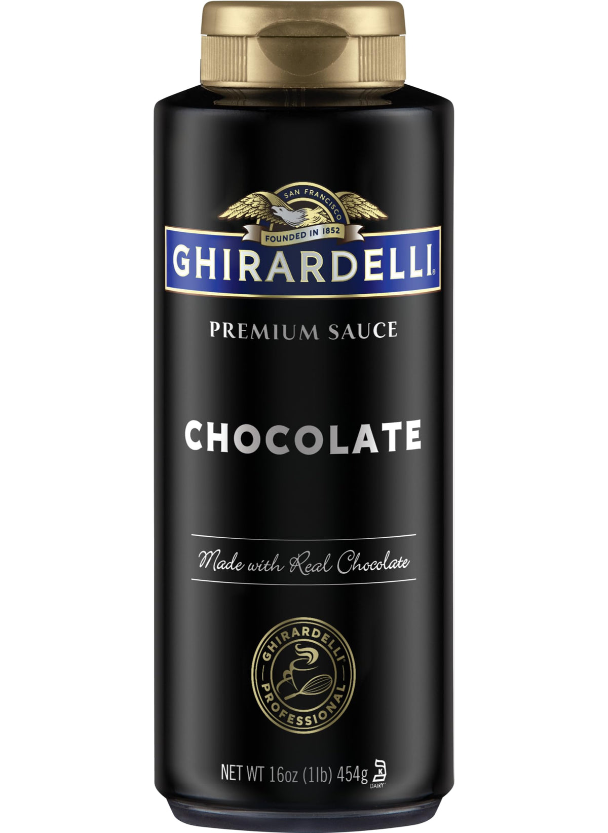 Ghirardelli chocolate sauce bottle pouring into coffee for rich flavor.