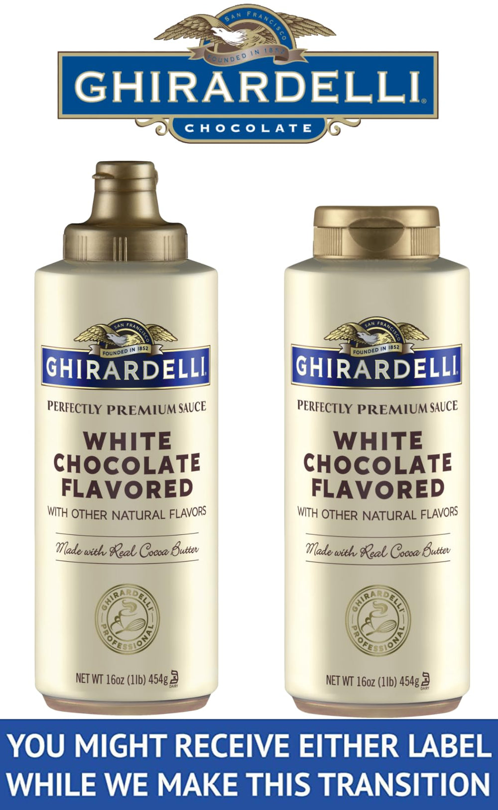 Ghirardelli chocolate sauce squeeze bottle ready for dessert toppings.