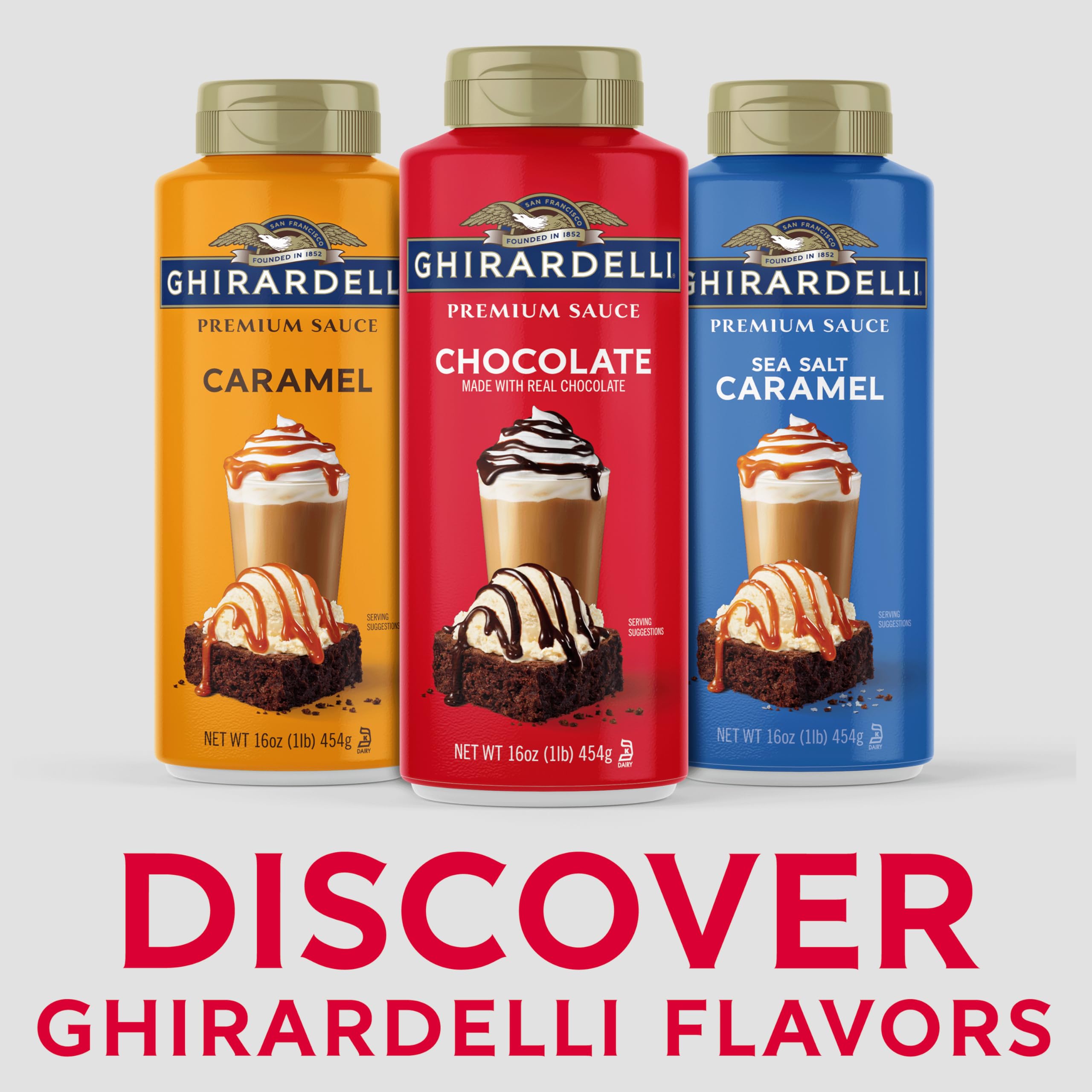 Ghirardelli chocolate sauce being poured onto coffee for rich flavor.