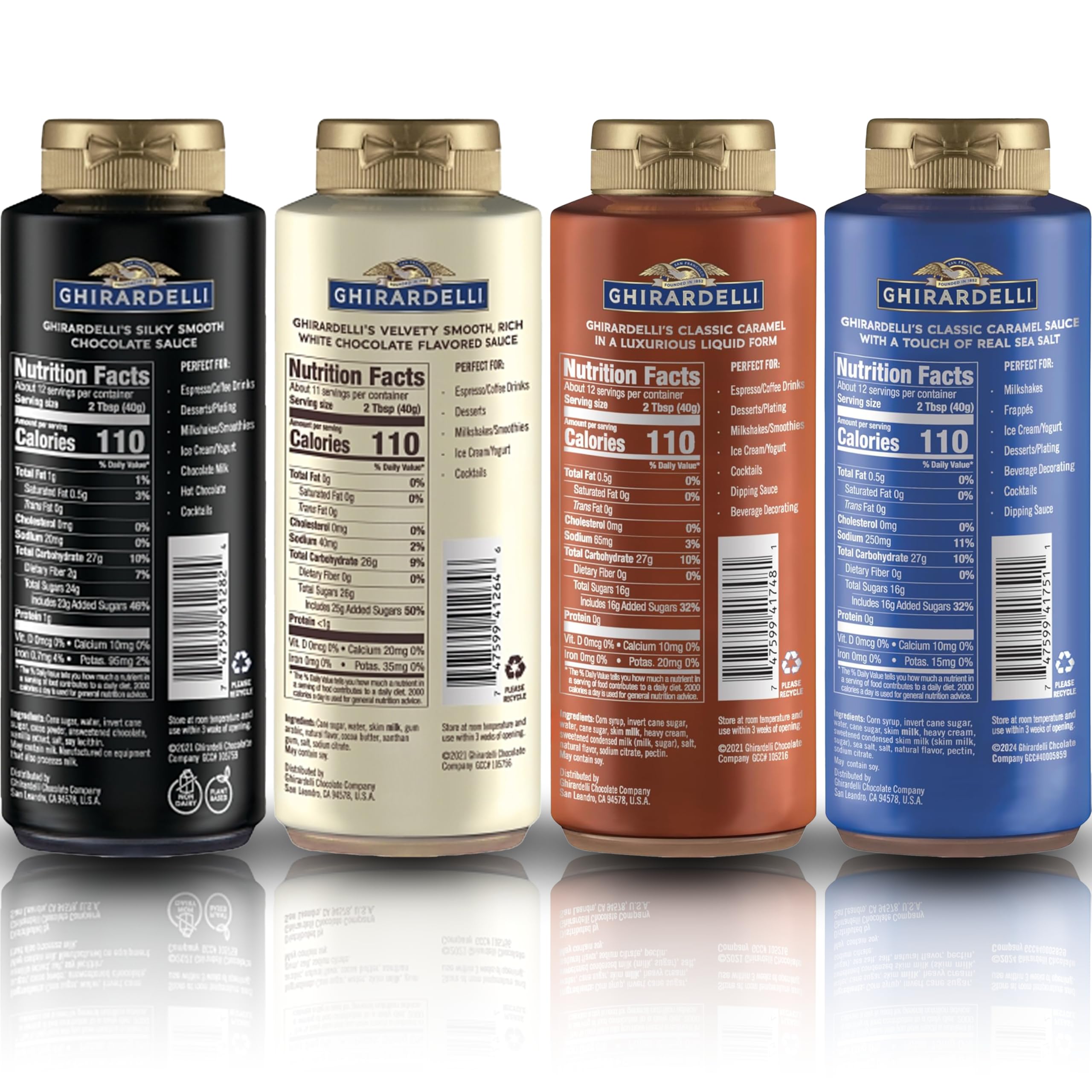 Ghirardelli Rich Caramel sauce bottle pour adds glossy sweetness to desserts.