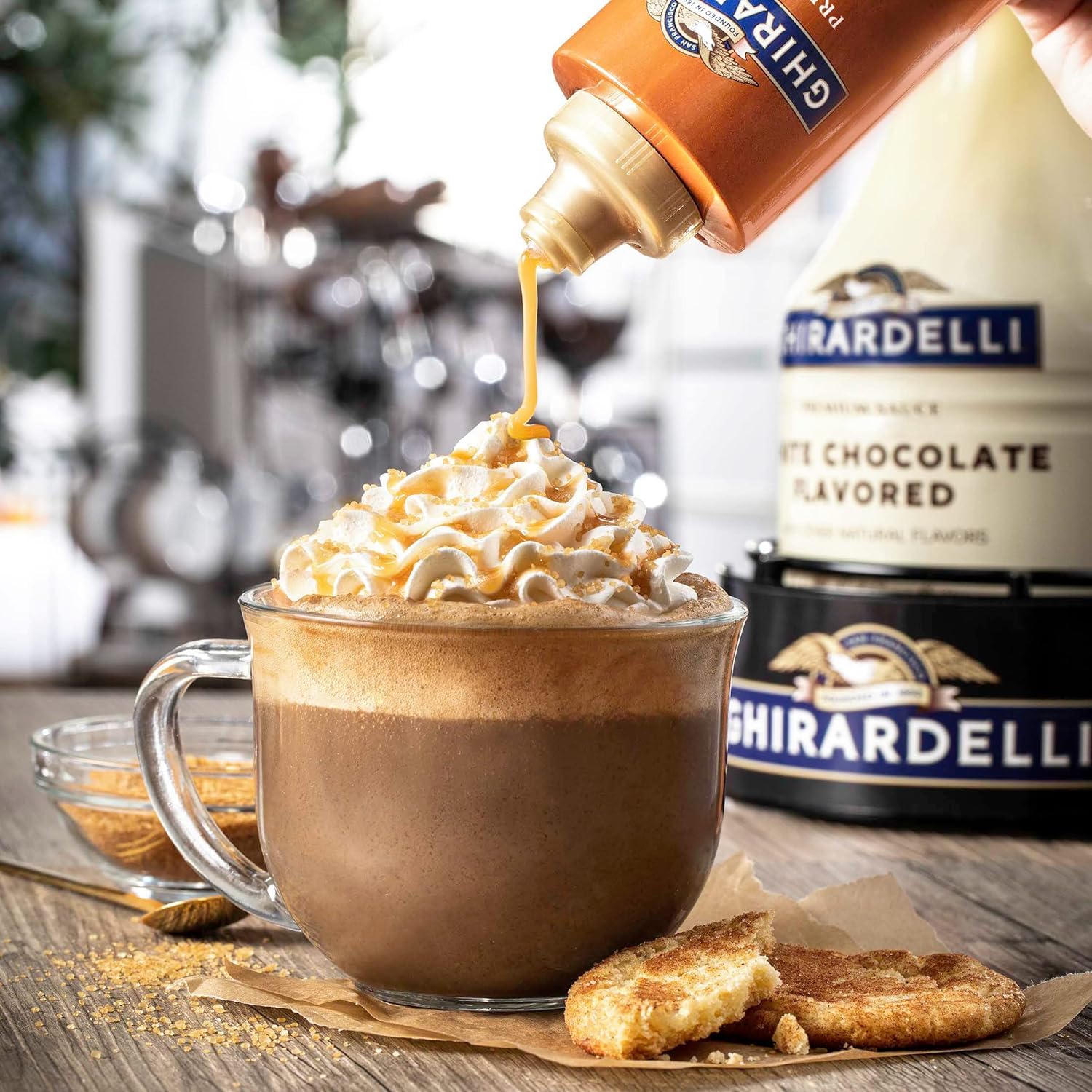 Ghirardelli Sea Salt Caramel sauce bottle pour balances sweetness with savory notes.