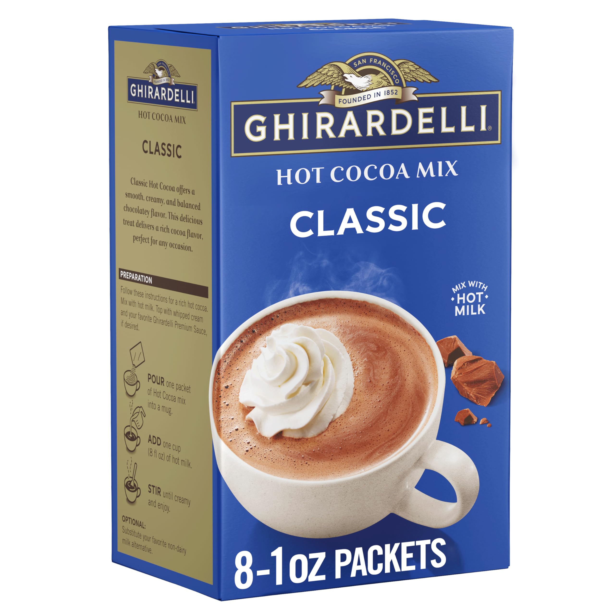Ghirardelli Classic Hot Cocoa packets ready to mix for creamy cocoa.