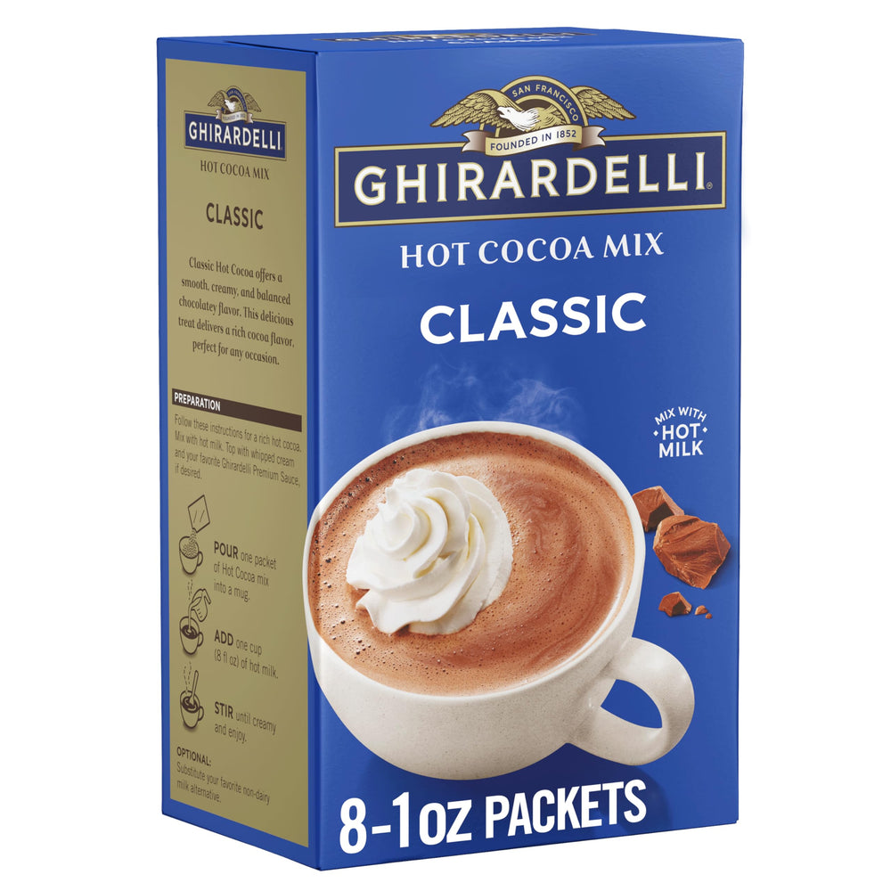Ghirardelli Classic Hot Cocoa packets ready to mix for creamy cocoa.