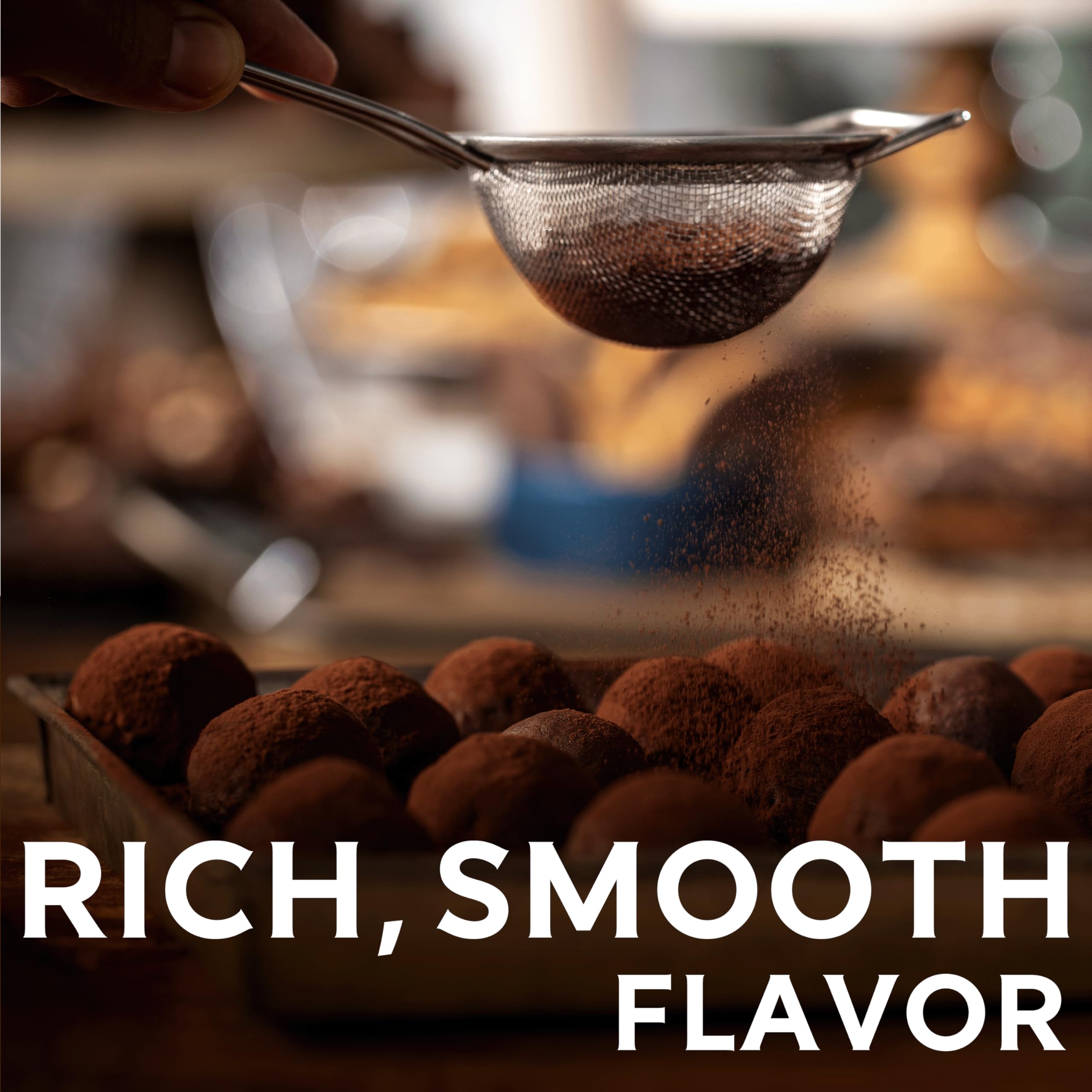 Ghirardelli cocoa powder in a resealable pouch for easy scooping.