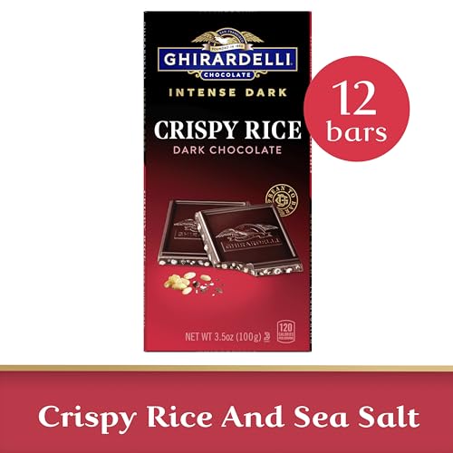 Closeup of Ghirardelli Crispy Rice bar texture reveals delicate rice crunch wrapped in dark chocolate.