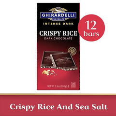 Closeup of Ghirardelli Crispy Rice bar texture reveals delicate rice crunch wrapped in dark chocolate.