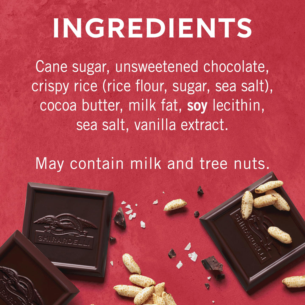 Ghirardelli Crispy Rice Dark Chocolate Bar ingredients highlight simple, tasty components for a quick treat.