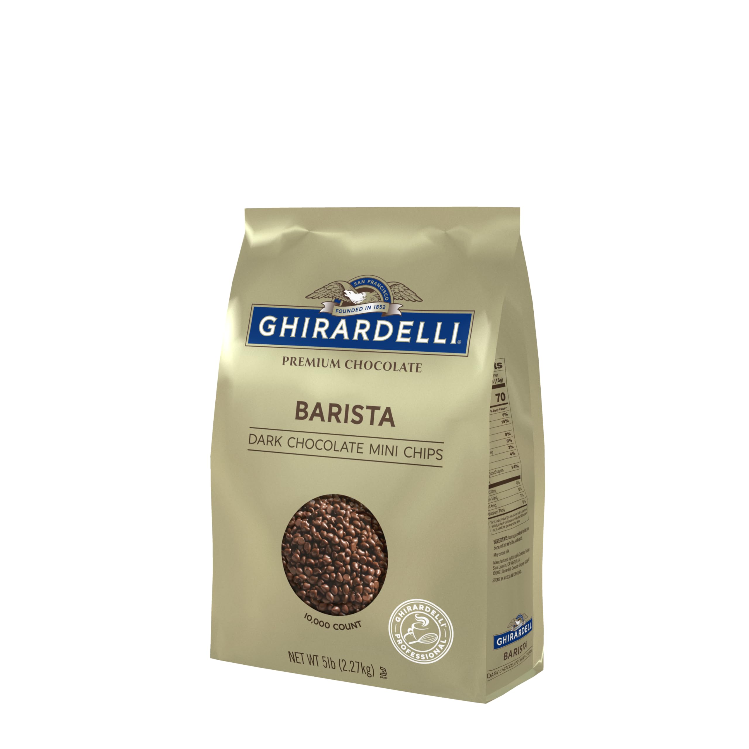 Ghirardelli dark chocolate mini chips closeup for barista beverages.