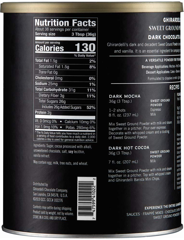 Ghirardelli dark chocolate cocoa powder jar closeup for deep color.
