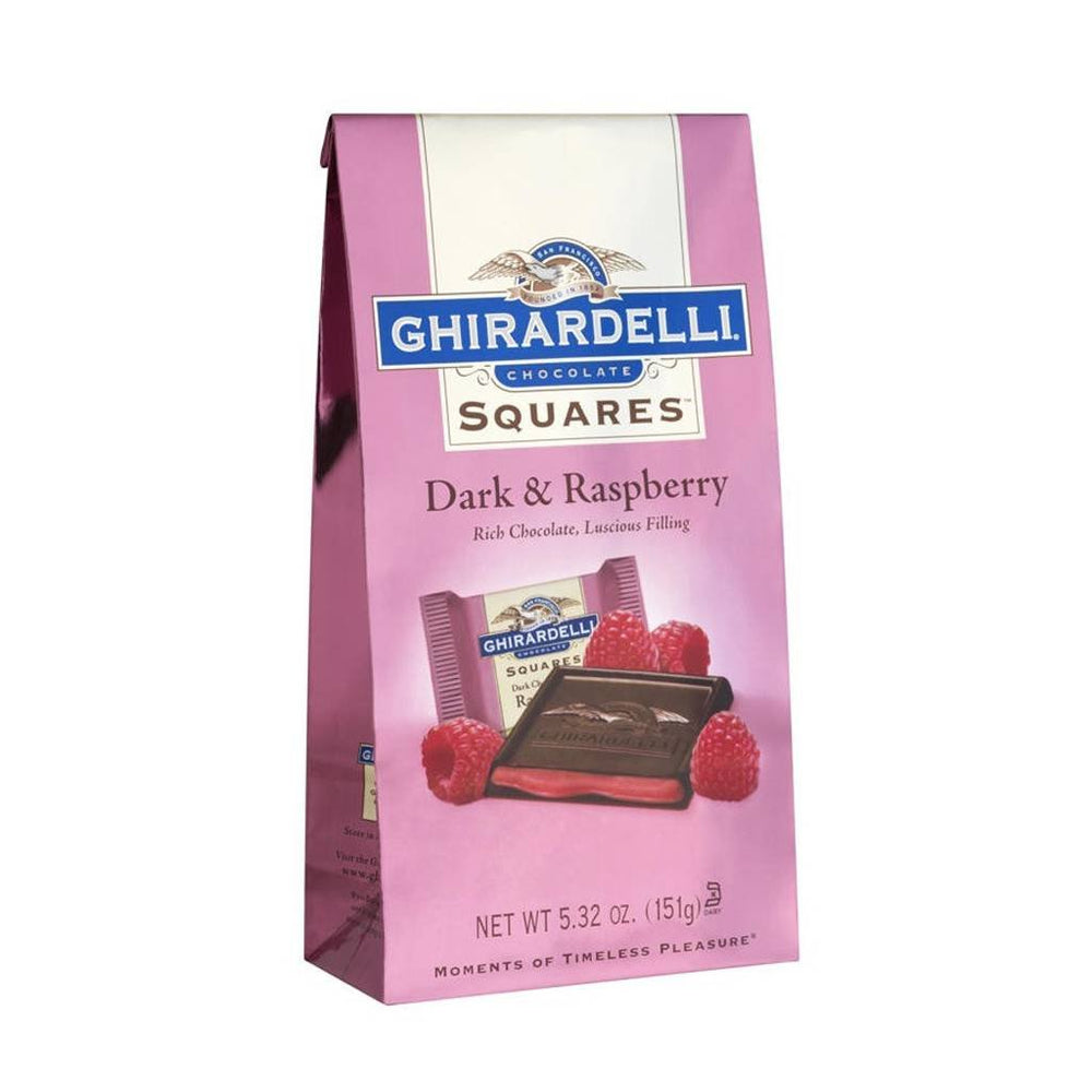 Ghirardelli raspberry-filled dark chocolate square, ideal as an elegant snack or coffee pairing