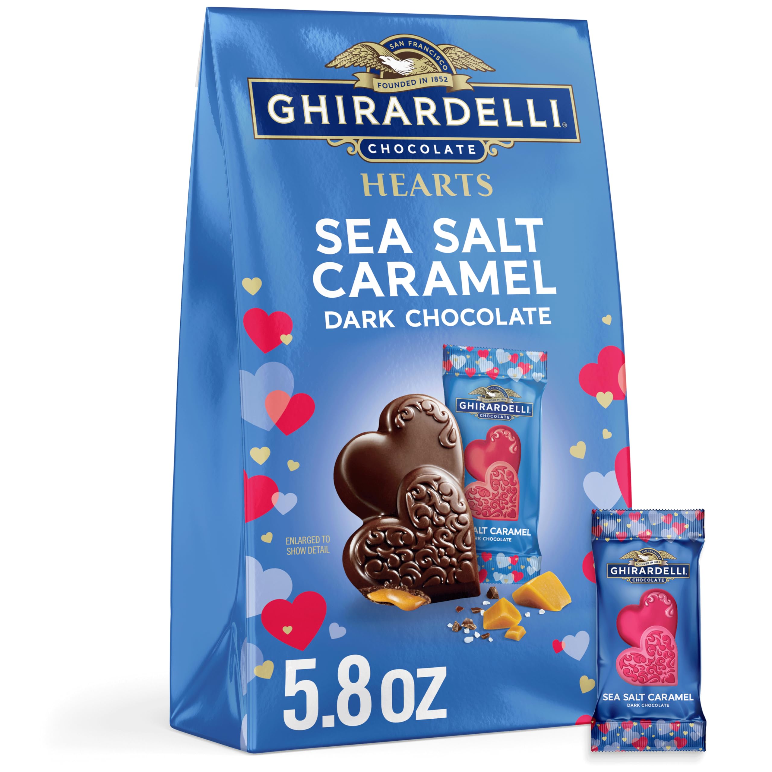 Ghirardelli dark chocolate sea salt caramel hearts in a gift-ready package