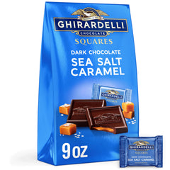 Ghirardelli dark chocolate sea salt caramel square close-up for premium snacking.
