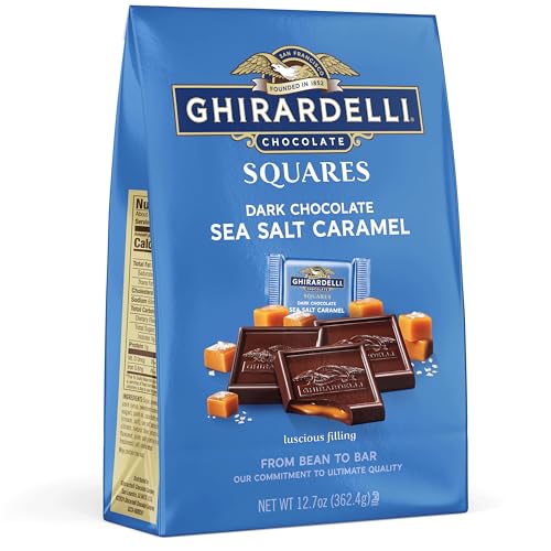 GHIRARDELLI dark chocolate sea salt caramel squares bag showing premium snacking on the go