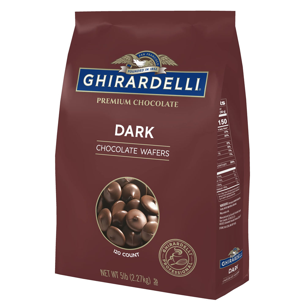Ghirardelli dark chocolate wafers in a 5 lb bag for reliable professional use.