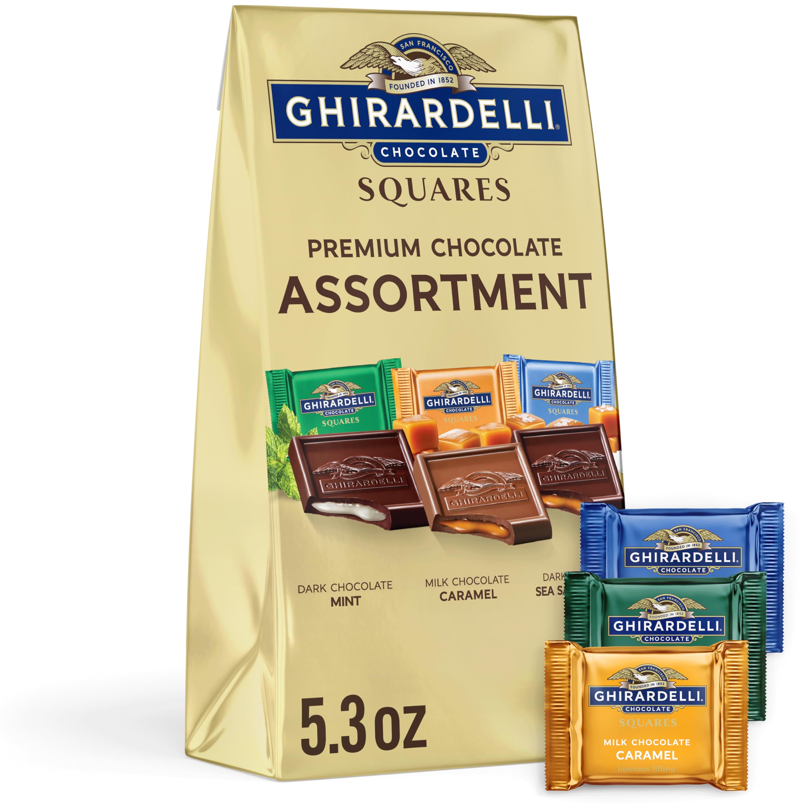 Ghirardelli Dark Chocolate Sea Salt Caramel squares displayed for entertaining