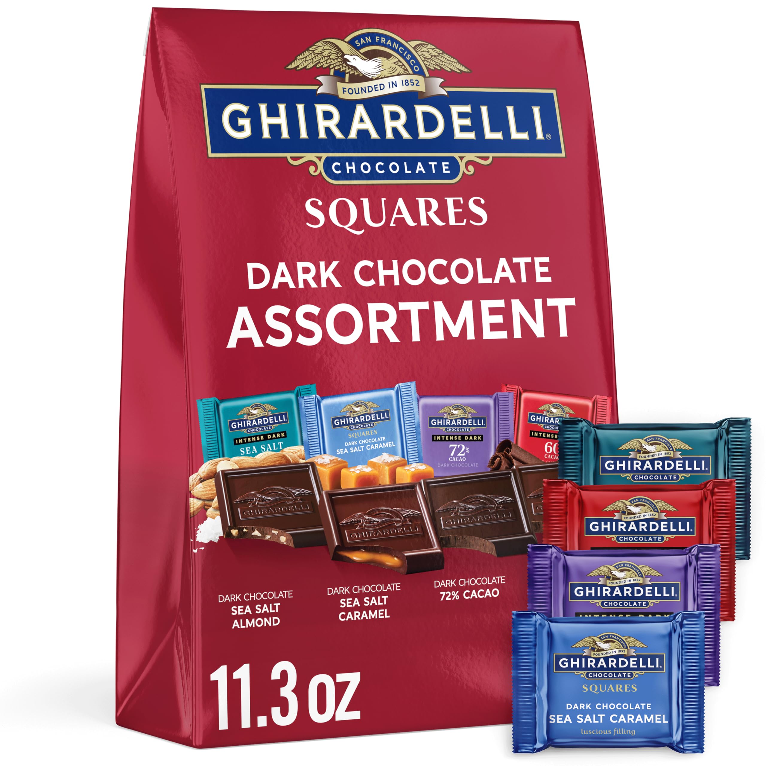 Ghirardelli Dark Chocolate Squares Assortment bag shows premium, indulgent texture for sharing.