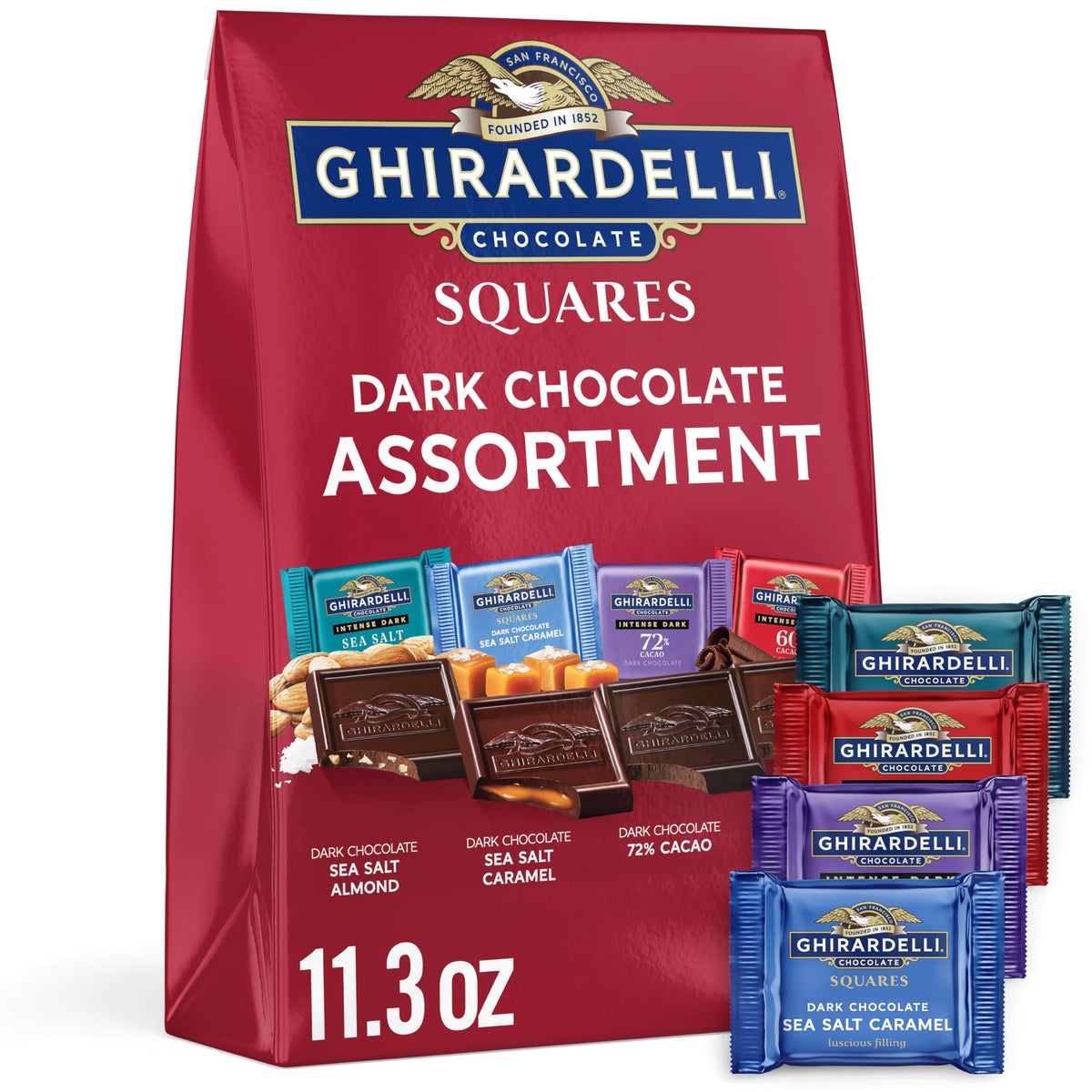 Ghirardelli Dark Chocolate Squares Assortment bag shows premium, indulgent texture for sharing.