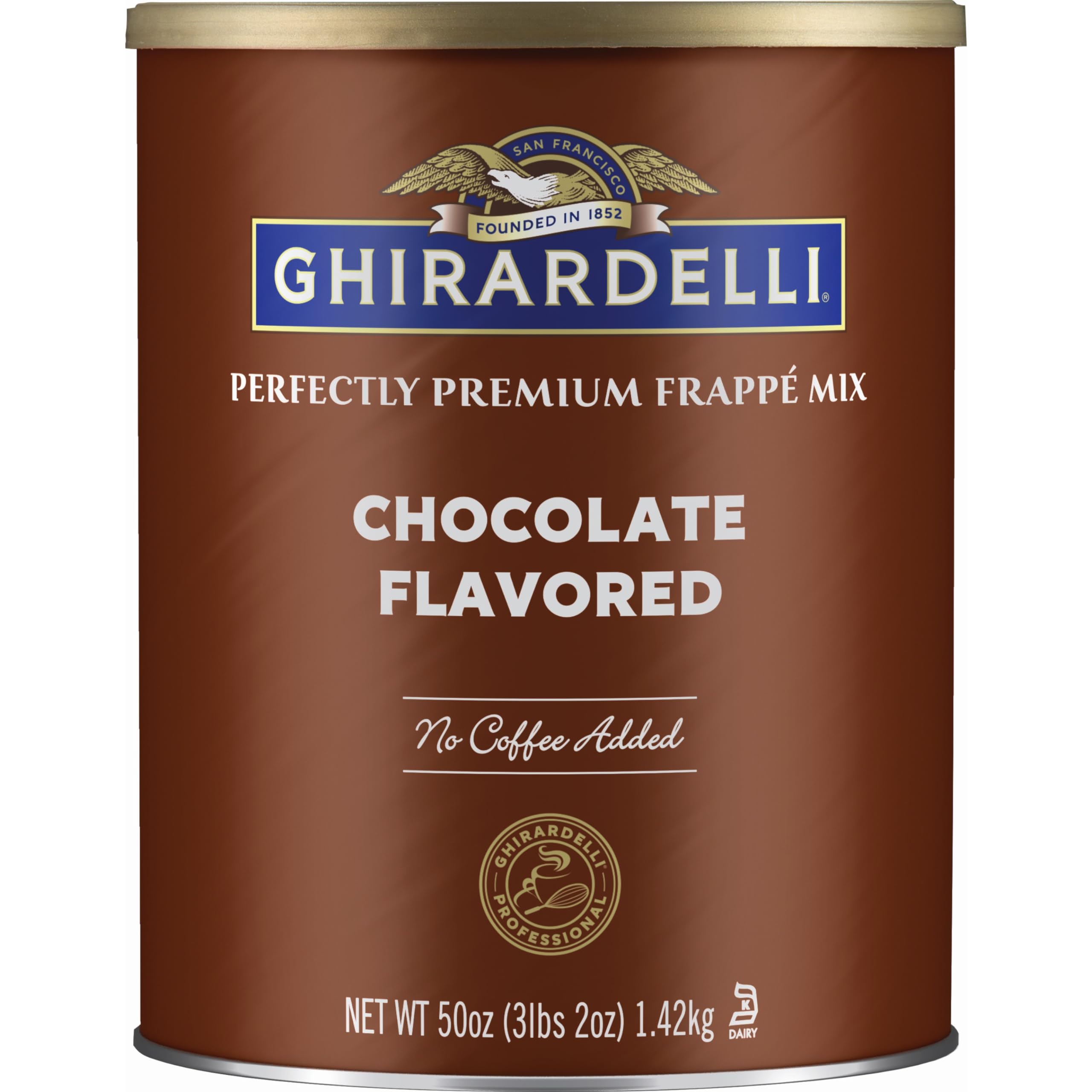 ghirardelli frappe can on countertop, rich chocolate base for indulgent coffees and smoothies.