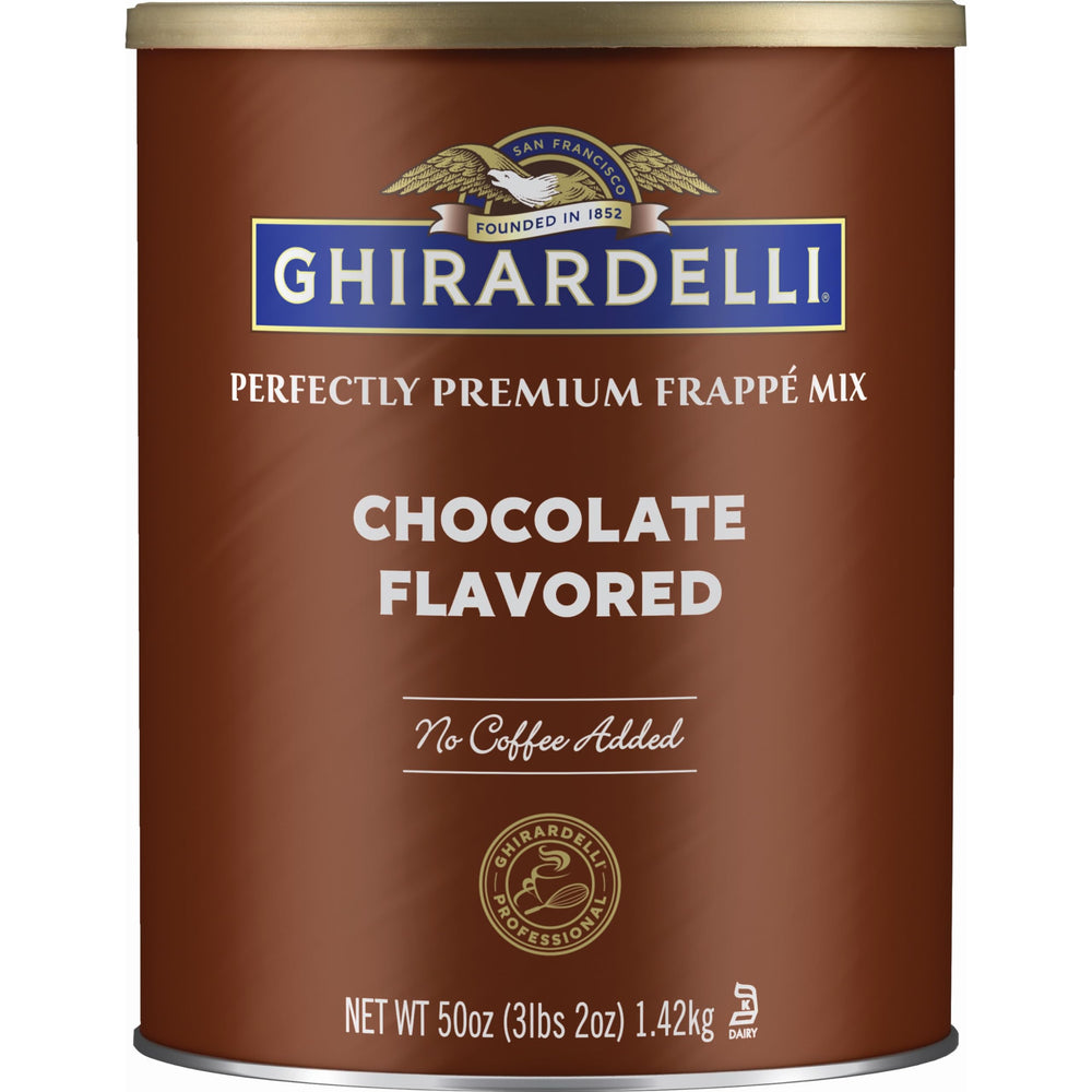 ghirardelli frappe can on countertop, rich chocolate base for indulgent coffees and smoothies.