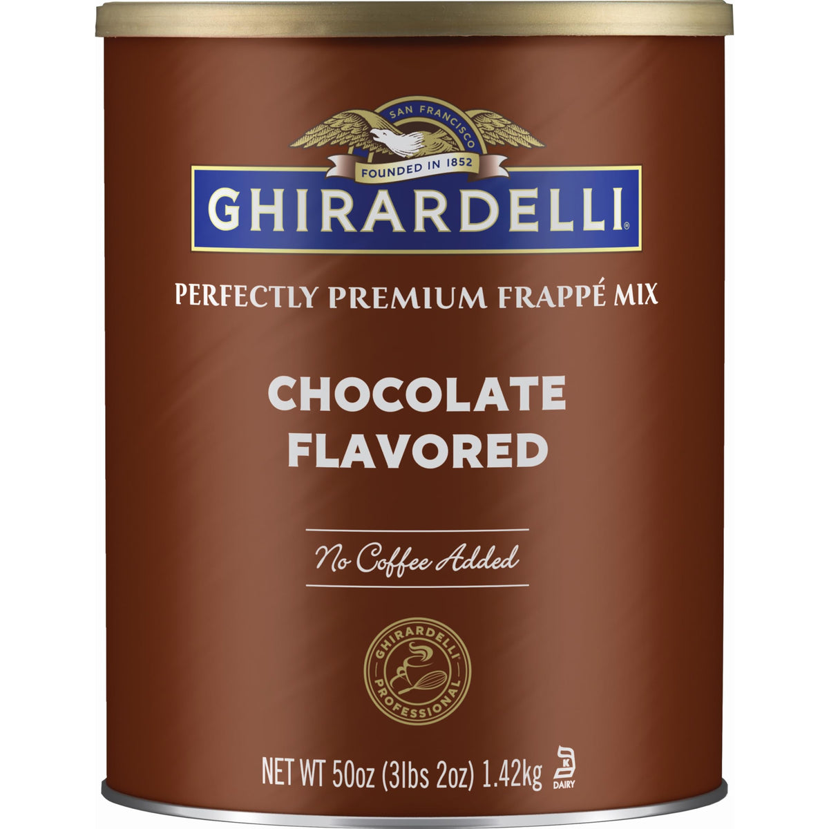 ghirardelli frappe can on countertop, rich chocolate base for indulgent coffees and smoothies.