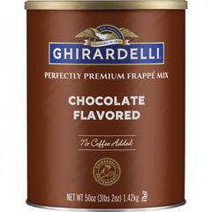 ghirardelli frappe can on countertop, rich chocolate base for indulgent coffees and smoothies.