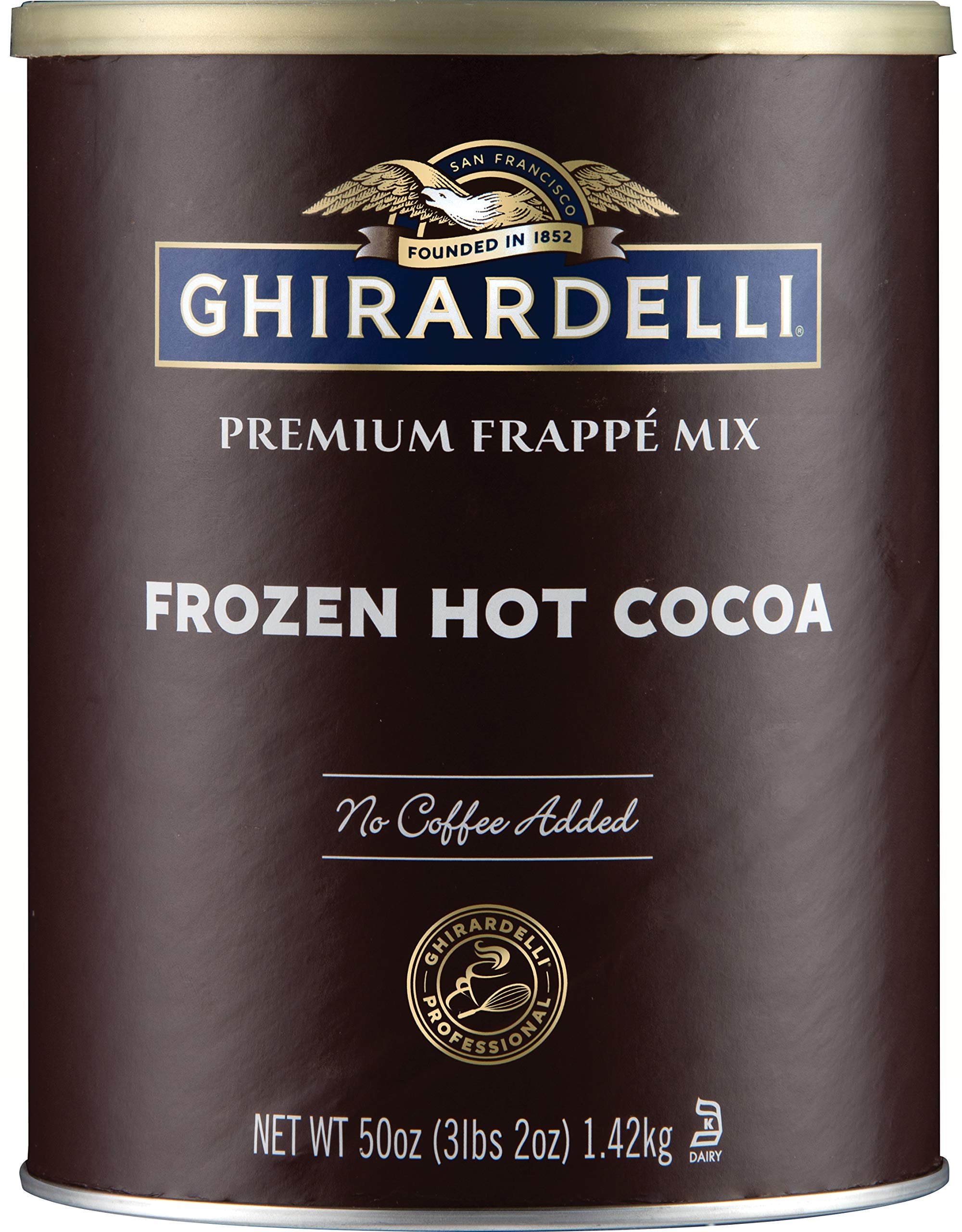 Ghirardelli Frozen Hot Cocoa can front — rich, indulgent frozen drink base.